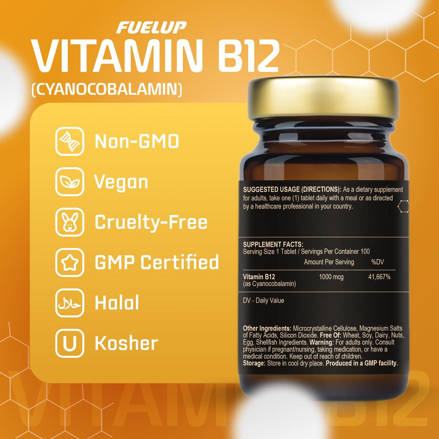 Fuelup Vitamin B12 Cyanocobalamin 1000 mcg Tablet, 100 Count