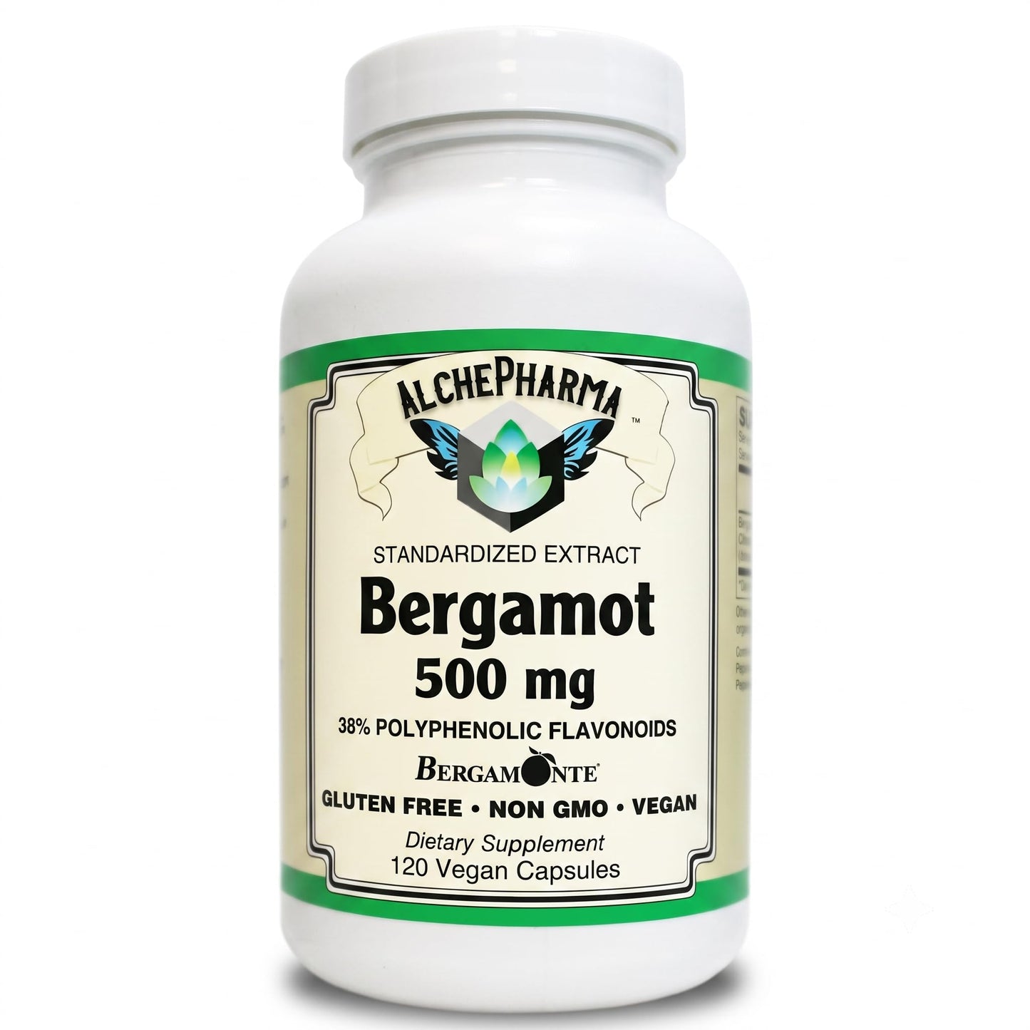 AlchePharma Bergamot 500mg Standardized Citrus Bergamia Extract with 38% Polyphenolic Flavonoids Bergamonte® Trademark Quality, Non-GMO, Vegan, Gluten-Free Capsules 120