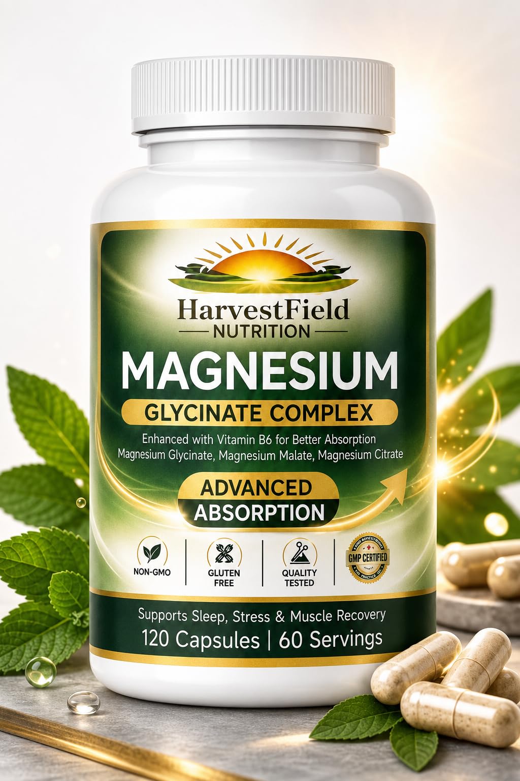 HarvestField Nutrition Magnesium Glycinate Complex Supplement with Vitamin B6, 120 Capsules