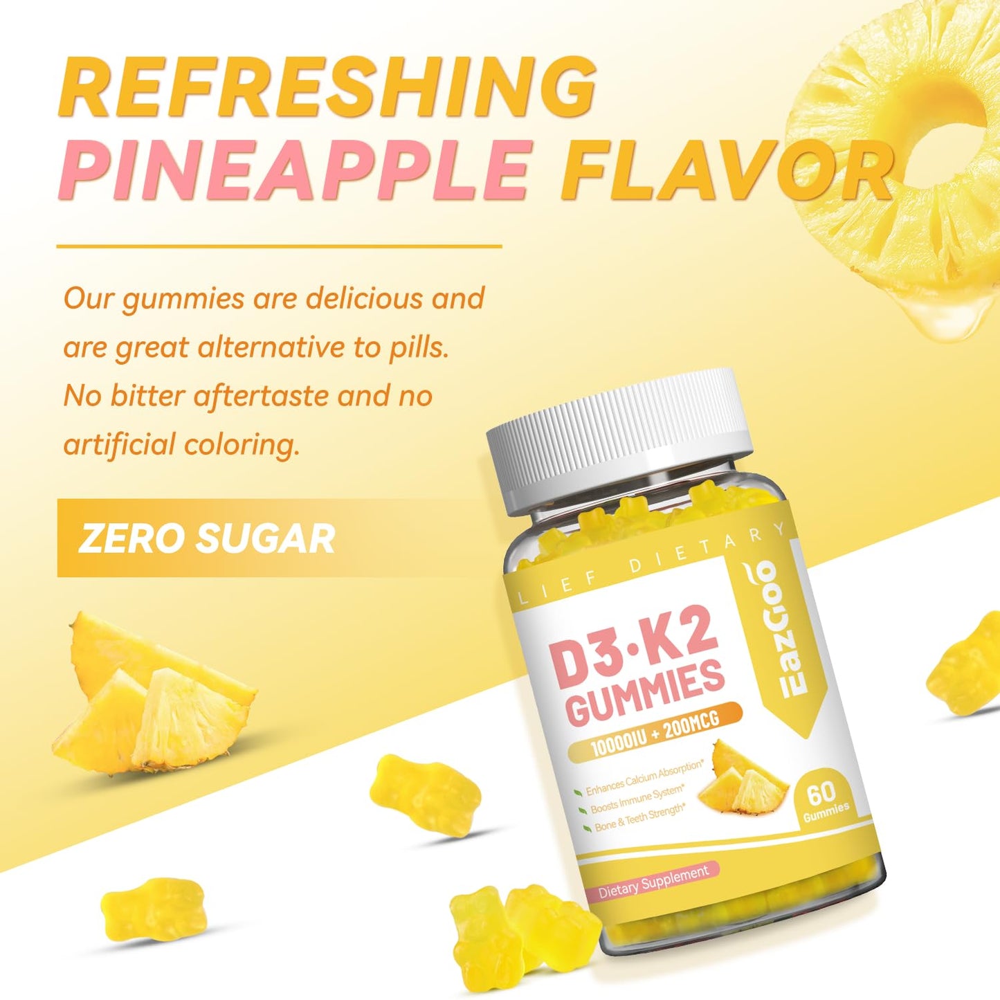 EAZGOO Vitamin D3 K2 Gummies 10000IU D3 + 200mcg K2 (MK-7), 60 Count