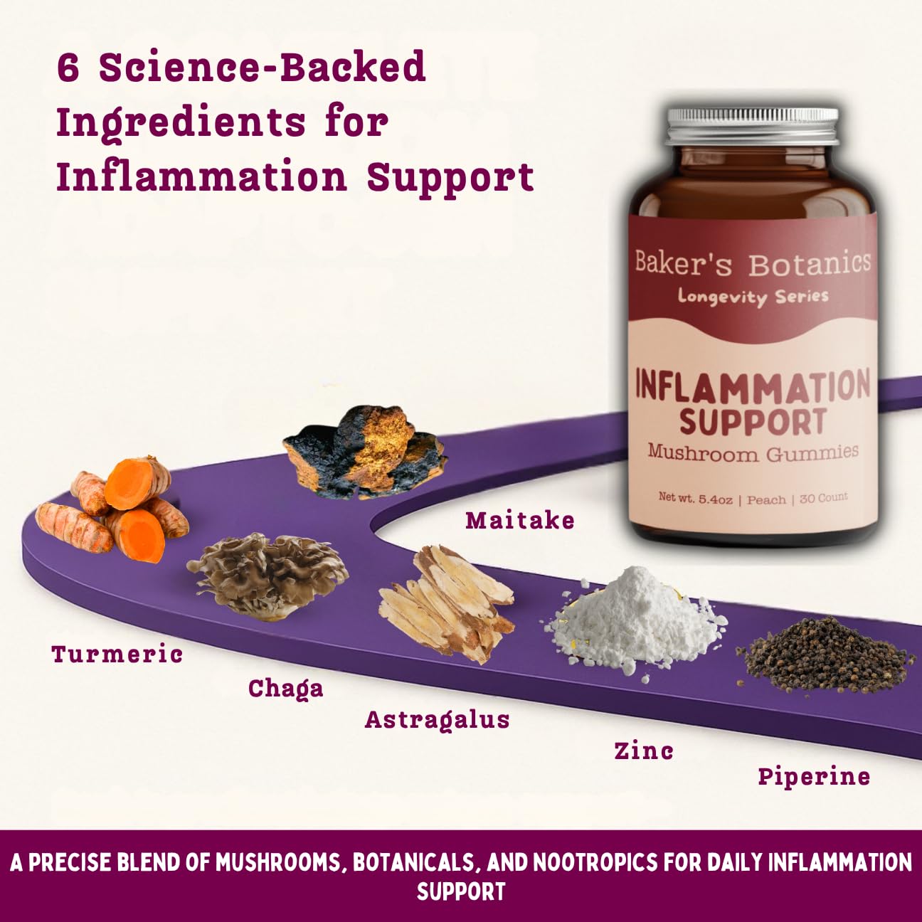 Baker's Botanics Longevity & Anti-Inflammatory Mushroom Gummies – Chaga, Maitake, Turmeric & Astragalus, 30 Count