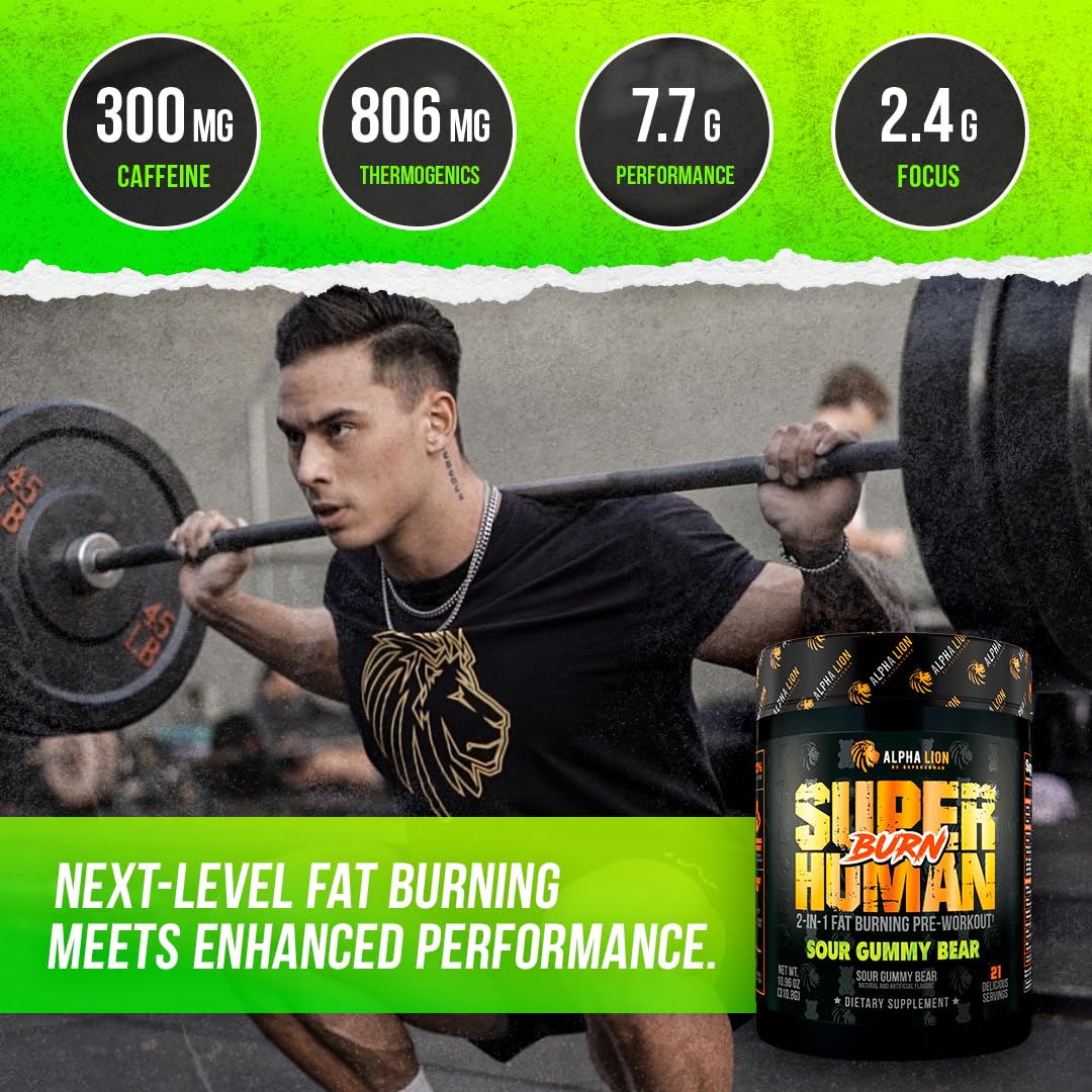 ALPHA LION Superhuman Burn 2-in-1 Metabolism Booster Pre Workout and Men's Thermogenic Fat Burner Sour Gummy Bear Hulk Juice Powder 10.96 Ounces