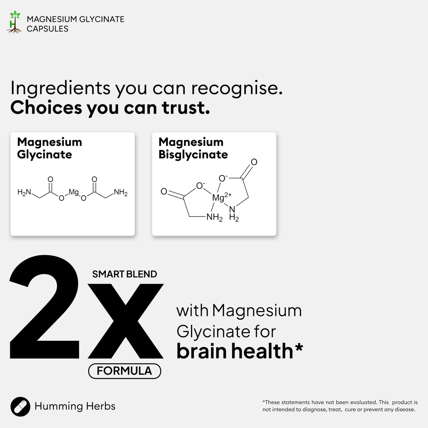 Humming Herbs Magnesium Glycinate & Bisglycinate – 200 mg Elemental per Serving, 120 Capsules