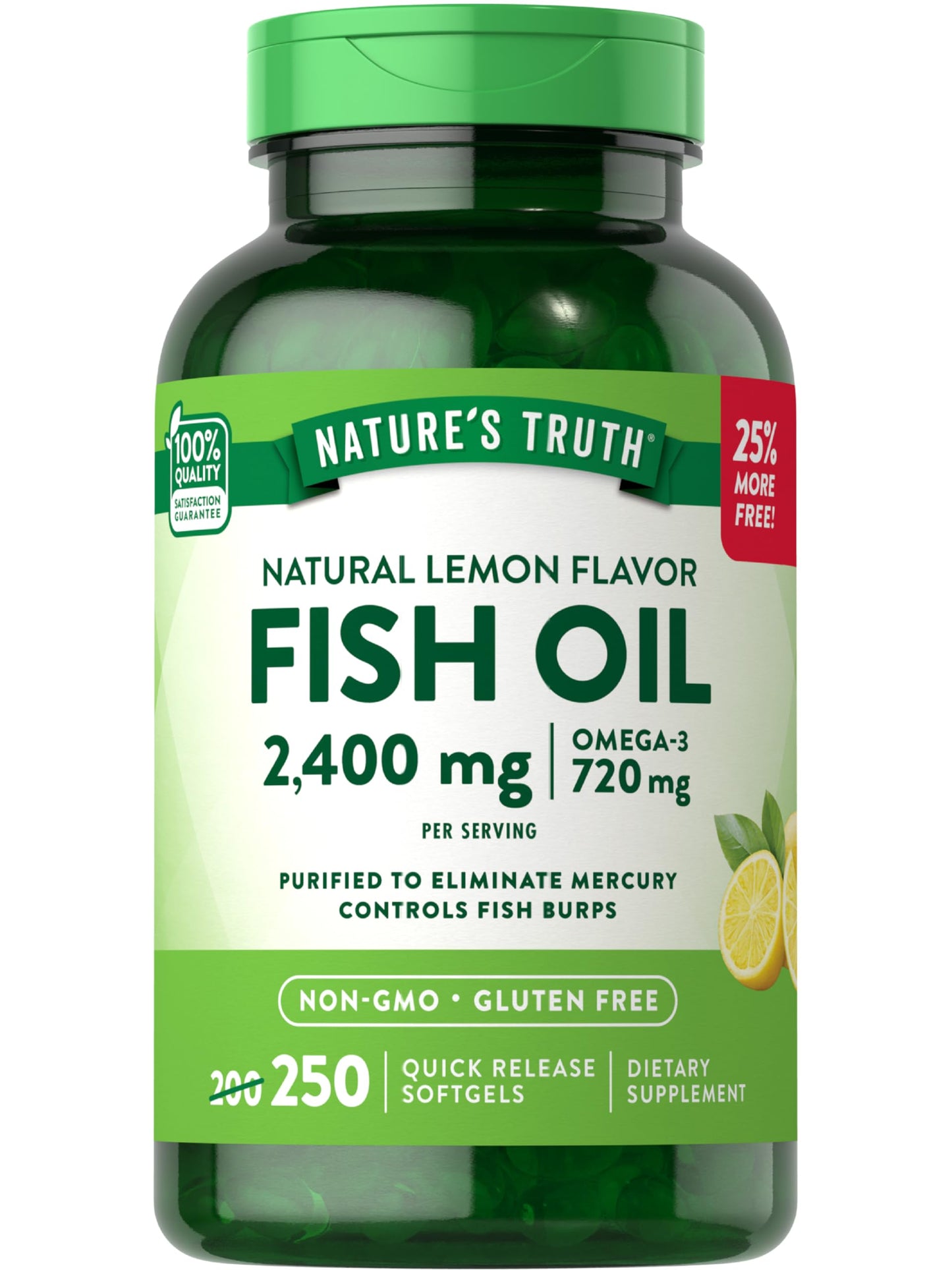 Nature's Truth Burpless Fish Oil 2400mg Softgels, 250 Count