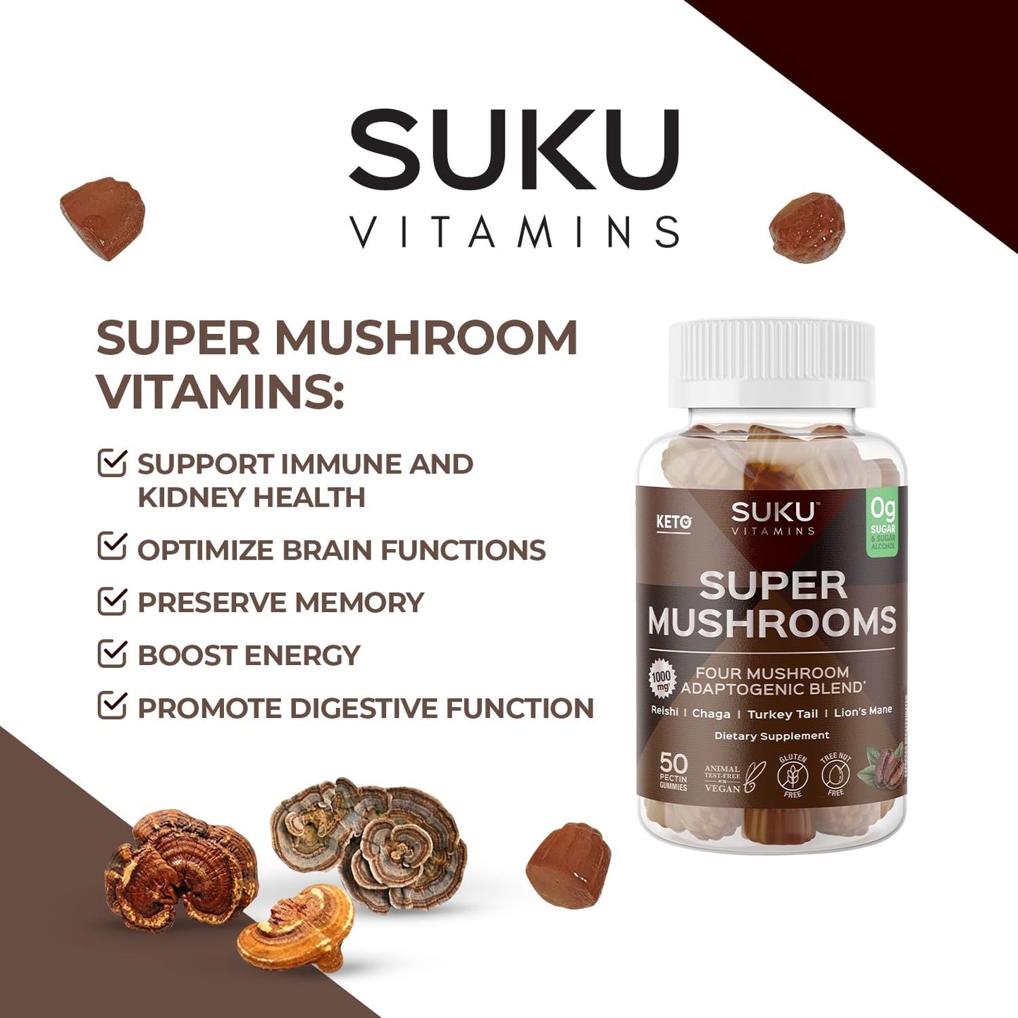 SUKU Super Mushroom - Reishi Chaga, Turkey Tail & Lions Mane Blend Gummies for Immunity Espresso Decaffeinated Flavored 50 Gummies
