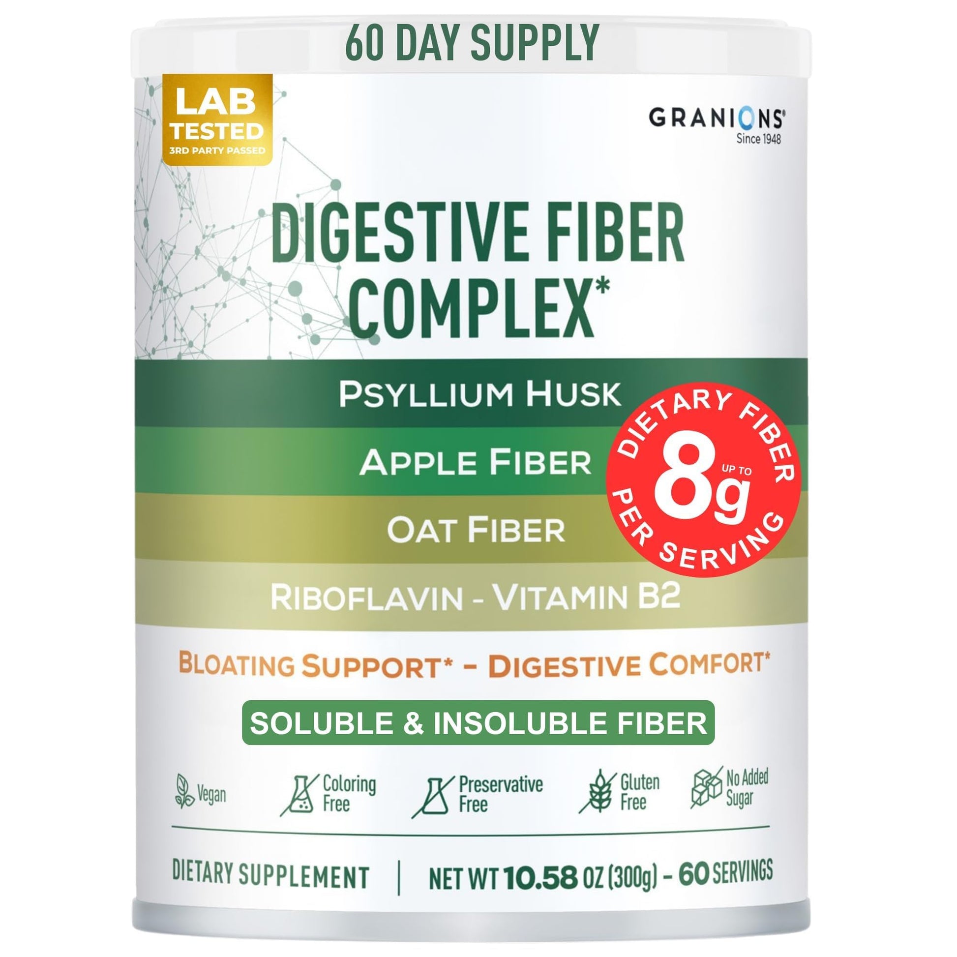 Granions Psyllium Husk 4in1 Digestive Fiber Supplement, Gut Health & Bloat Relief for Women and Men, Soluble & Insoluble Psyllium Husk Fiber, Vitamin B2, Vegan, Unflavored, Sugar-Free, 10.6 Ounce Powder