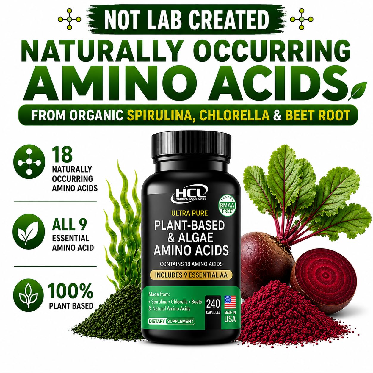 HCL Herbal Code Labs Essential Amino Acids Plant Based Supplement Capsules, 240 Count