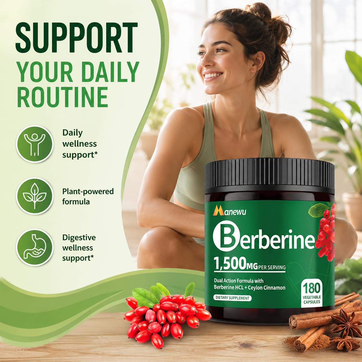 NEOGLI Berberine HCL 1500mg, Ceylon Cinnamon, 180 Capsules