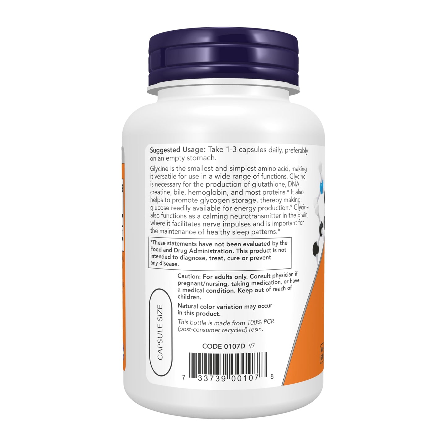 NOW Foods Glycine 1,000 mg Free-Form, Neurotransmitter Support* Capsule, 100 Veg Capsules