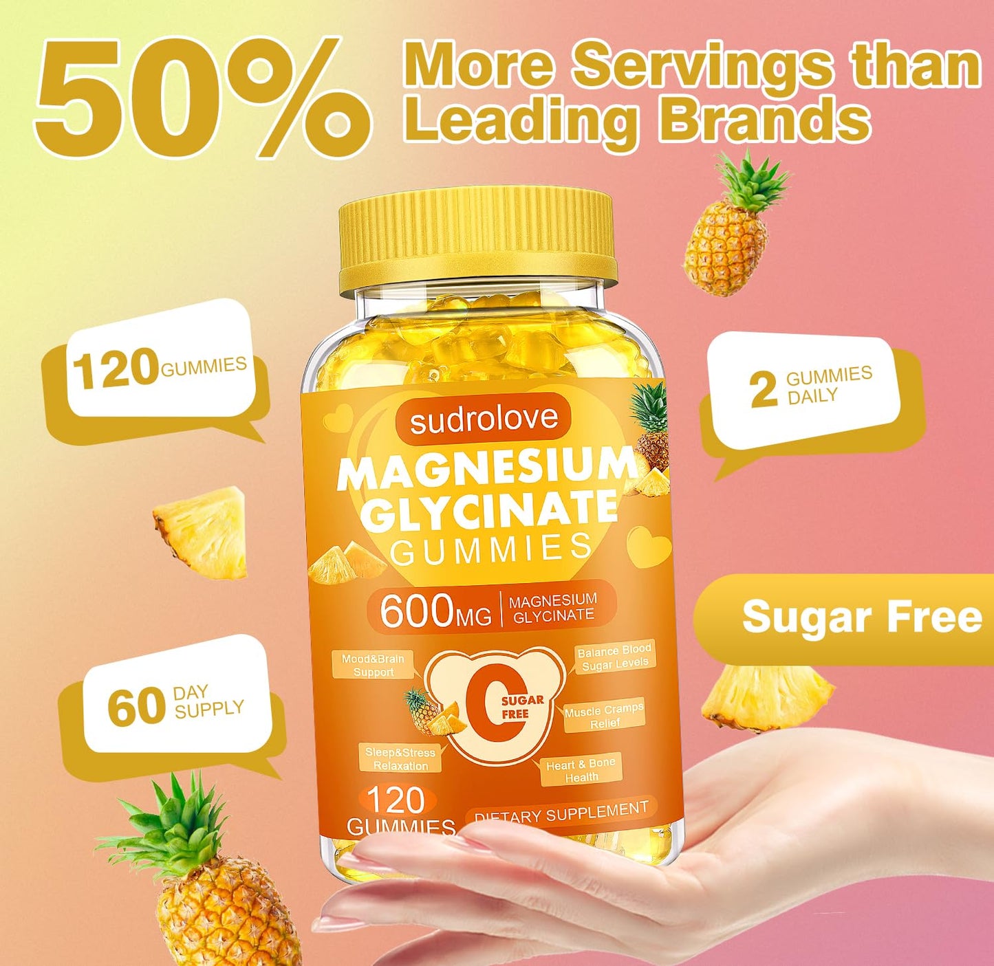 sudrolove Magnesium Glycinate Gummies 600mg per Serving, 120 Count