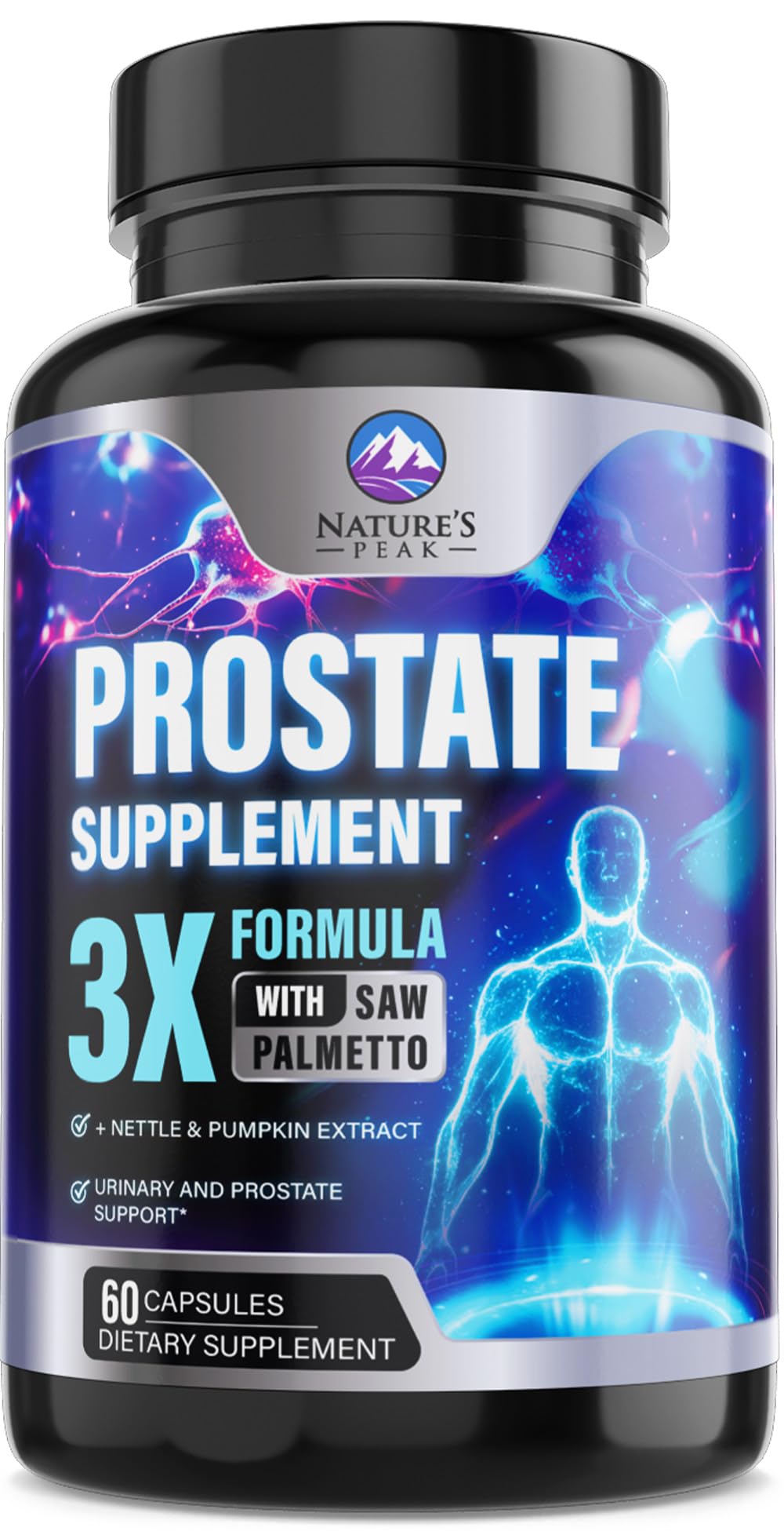 Nature's Peak Prostate Health Supplements for Men - 3X Strength Saw Palmetto Blend with Stinging Nettle Root & Pumpkin Seed - 60 Capsules
