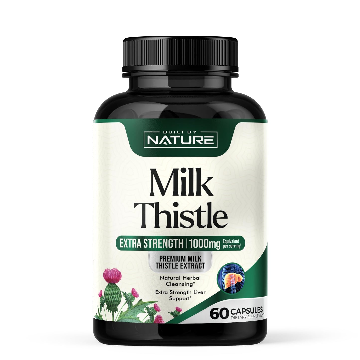 Built by Nature Milk Thistle Liver Detox Supplement with Silymarin Extract & Dandelion Root Capsules, 60 Count