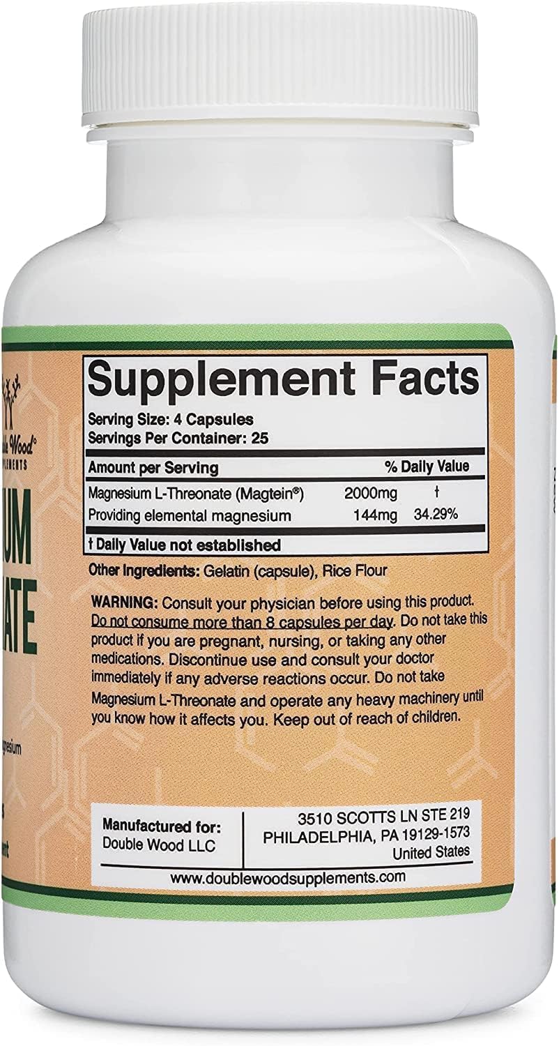 Double Wood Supplements Magnesium L Threonate Magtein Sleep and Cognitive Support – High Absorption – Most Bioavailable Form of Magnesium – 2,000 mg, 100 Capsules