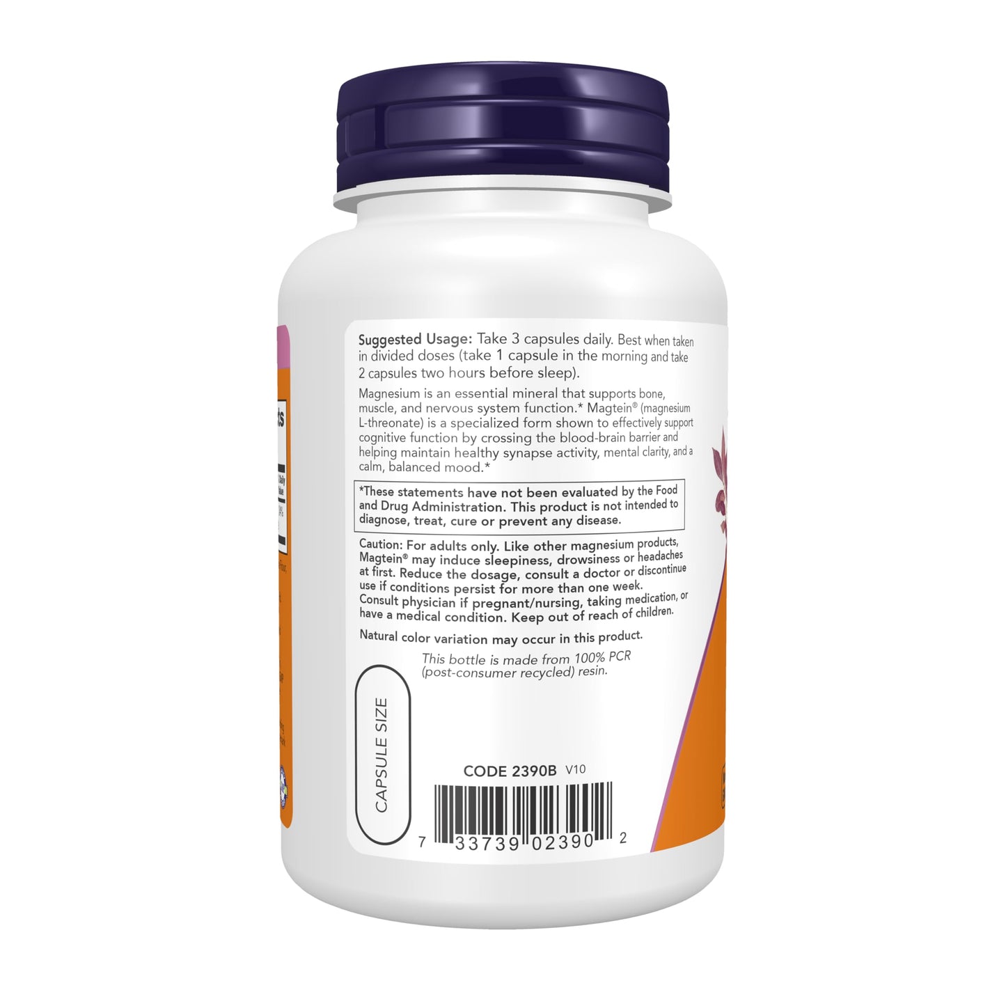 NOW Foods Magtein™ with patented form of Magnesium (Mg), Cognitive Support Capsules, 90 Count