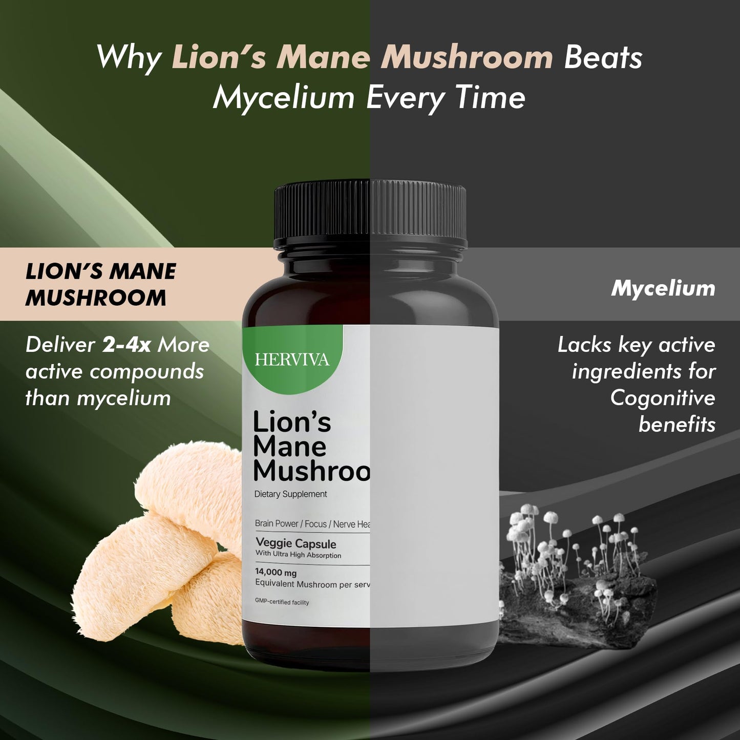 HERVIVA Lions Mane Mushroom Supplement 120 Capsules