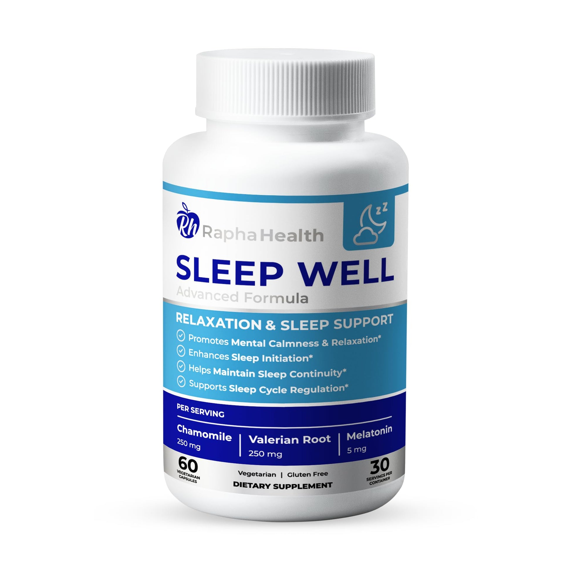 RAPHA HEALTH Sleep Well Natural Sleep Aid with Magnesium Glycinate, Valerian Root, and Chamomile, 60 Capsules