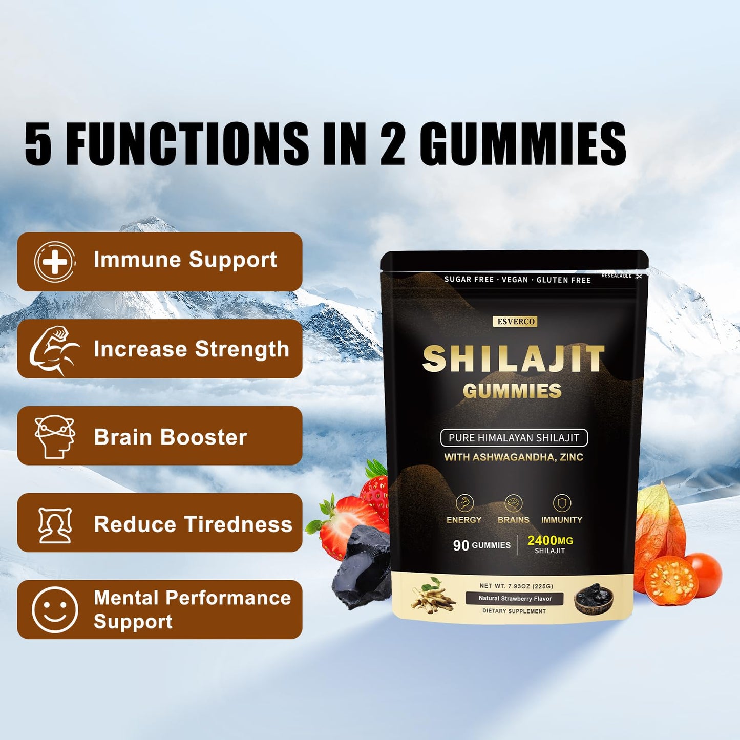 esverco Shilajit Gummies 2400mg Supplement for Adults Strawberry flavor Gummy 90 Count