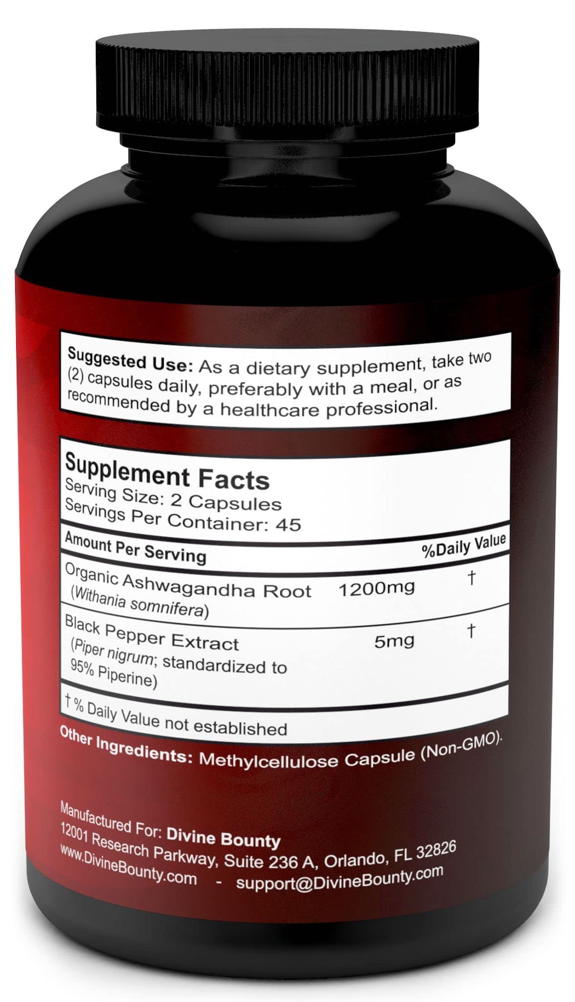 Divine Bounty Ashwagandha Capsules, 1200mg & Black Pepper Extract, 90 Count