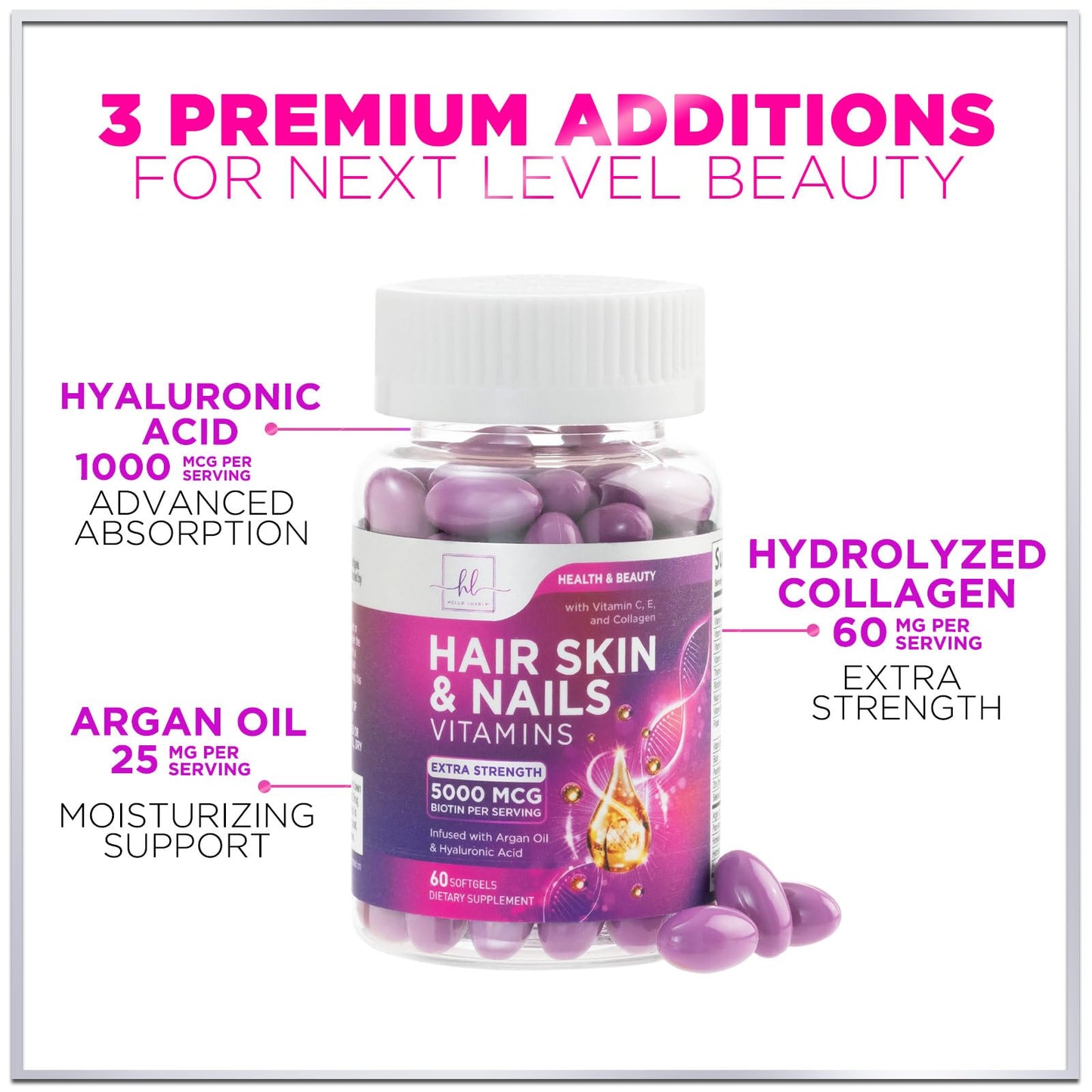 Hello Lovely! Hair Growth Vitamins for Women - Argan-Infused with Collagen, Biotin & Hyaluronic Acid - Supports Hair, Skin & Nails - Softgels 60 Count