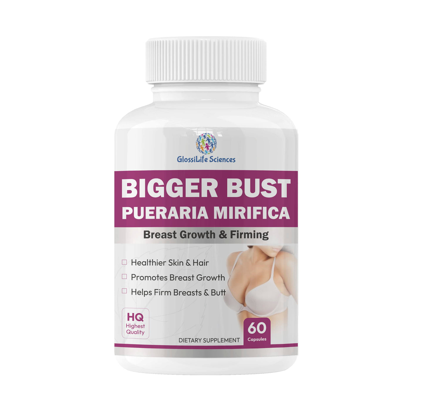 GlossiLife Sciences Pueraria Mirifica Bigger Bust 500mg (eq 7500mg) Capsules, 120 Count