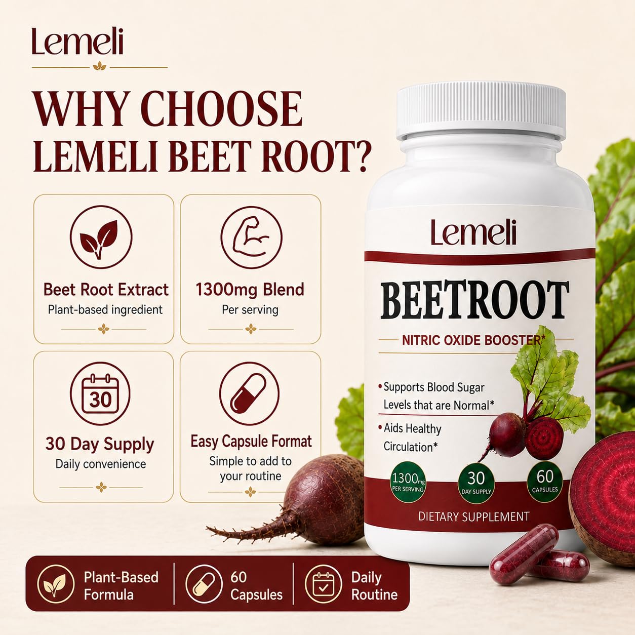 Lence Lemeli Beetroot 1300mg Capsules, 60 Count
