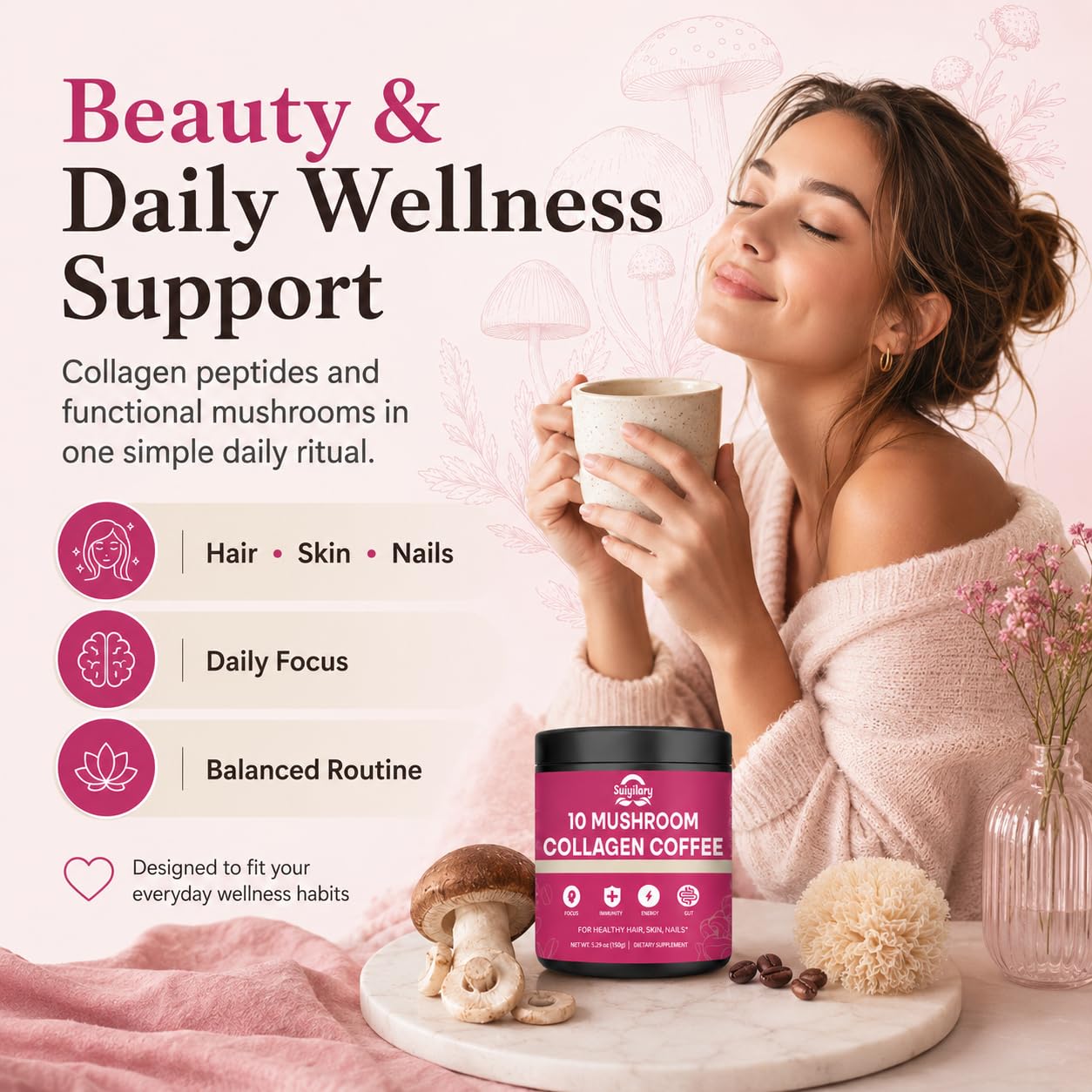 Suiyilary Mushroom Coffee with Collagen Powder, 5.3 oz, 30 Servings