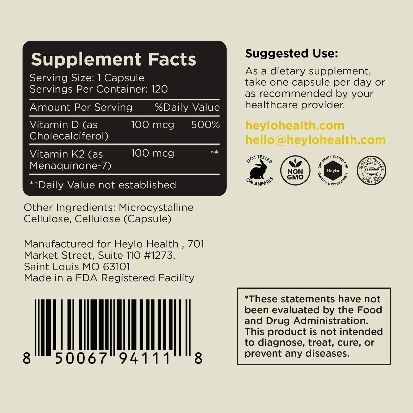 Heylo Health Vitamin D3 + K2 Supplement 120 Capsules