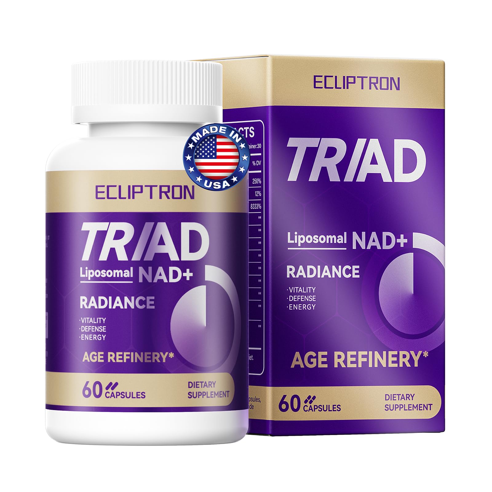 Ecliptron NAD+ Supplement for Women & Men 1800mg Liposomal NAD Plus with Nicotinamide Riboside & Resveratrol, Anti-Aging, Mitochondrial Health, Radiant Skin, 60 Capsules