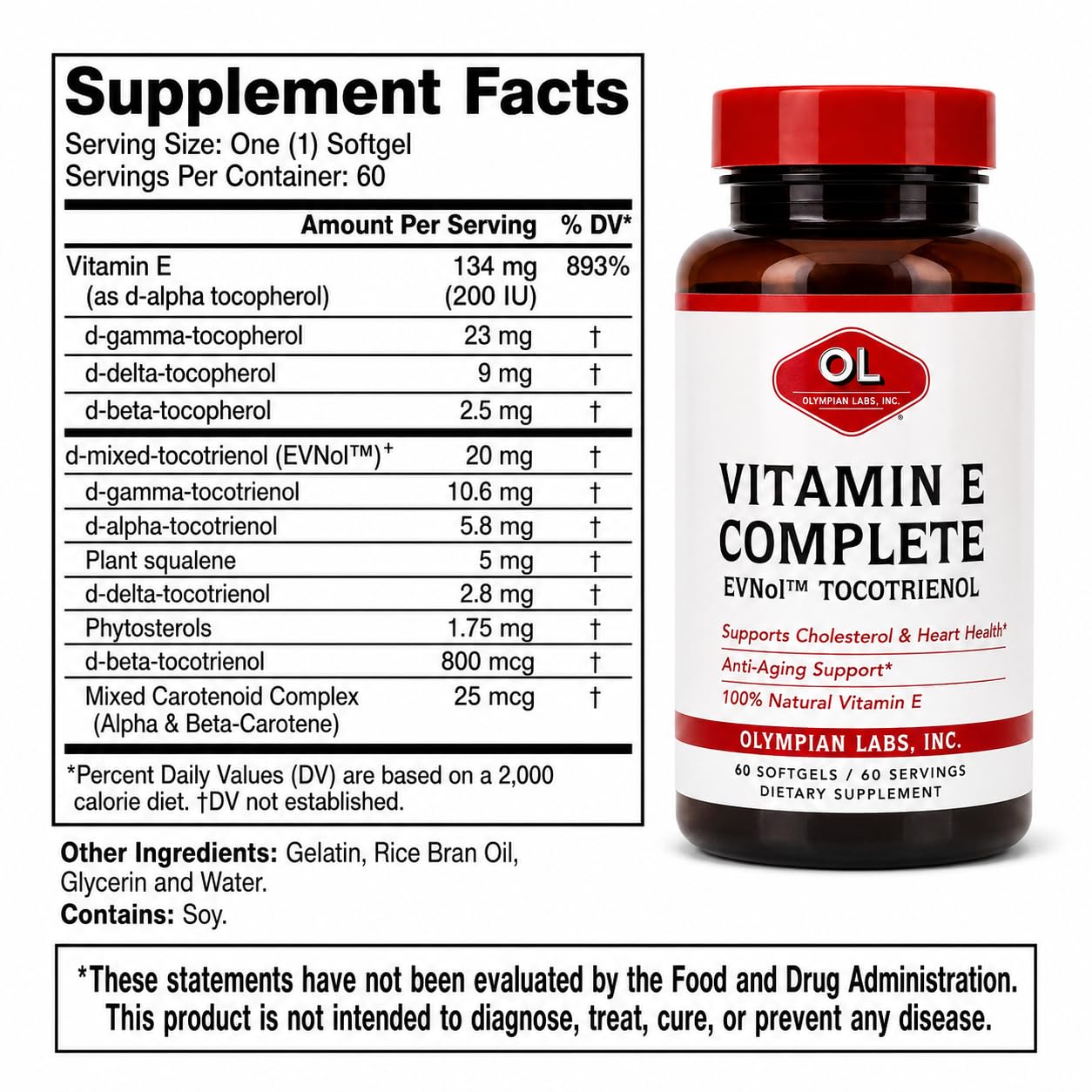 Olympian Labs Vitamin E Complete Tocomin 200IU Softgels, 60 Count