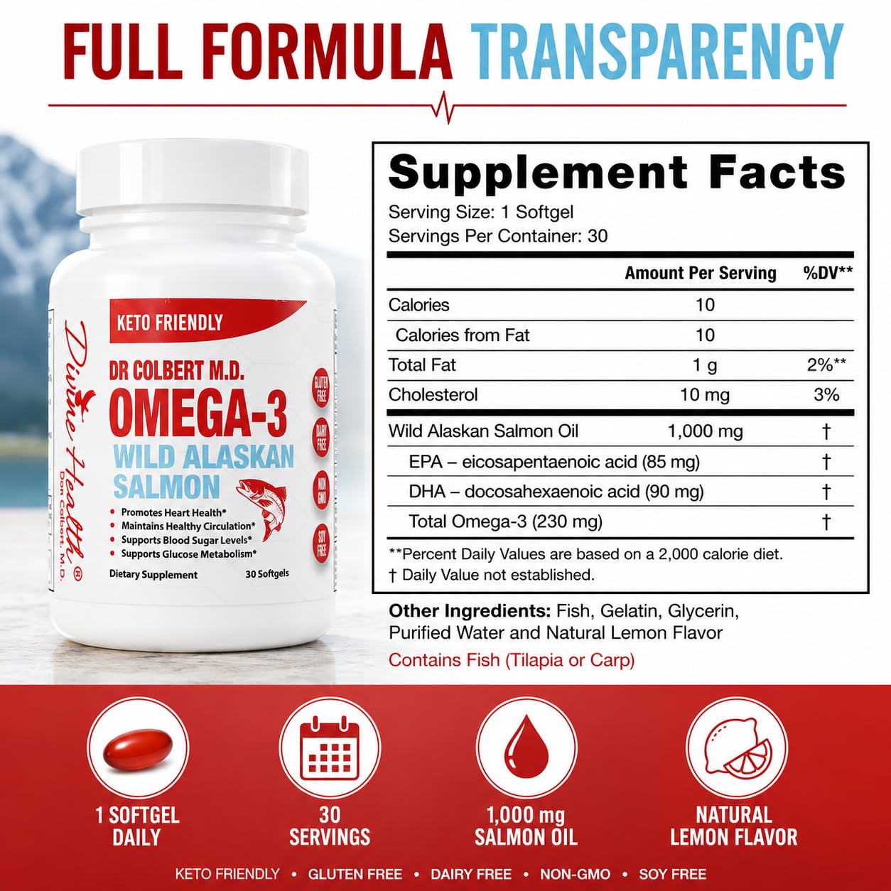 Divine Health Wild Alaskan Salmon Omega-3 1000mg Salmon Oil DHA & EPA Capsules, 30 Count