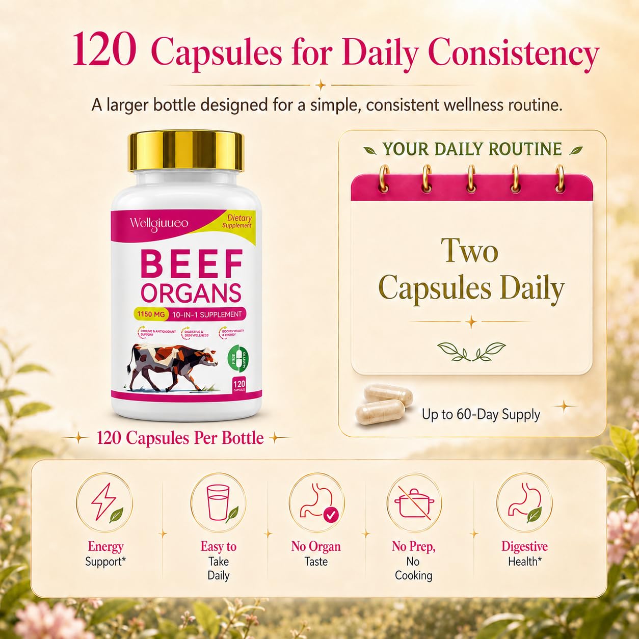 Wellgiuueo Beef Organ Supplement for Women Capsules 120 Count