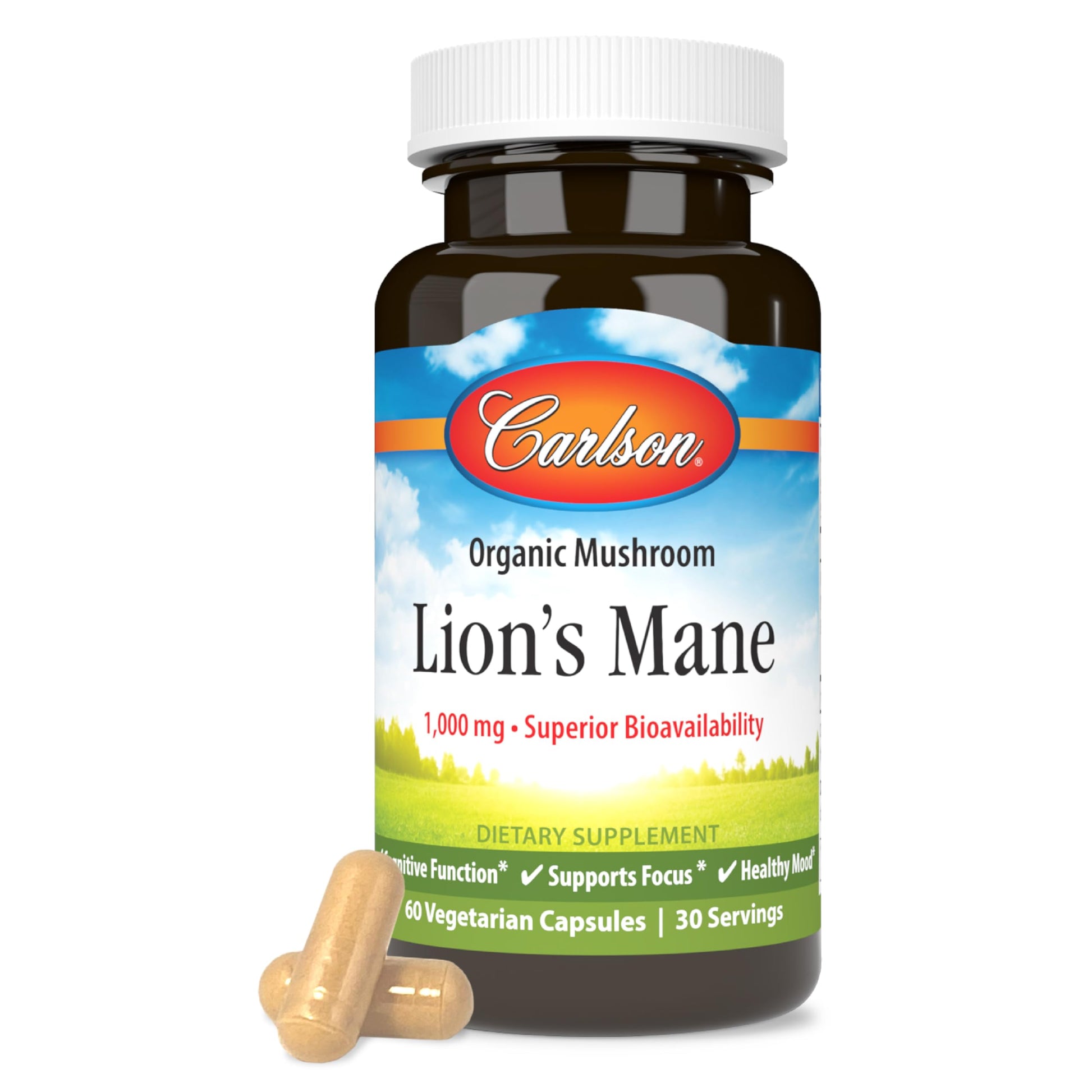 Carlson Lion's Mane Organic Mushroom Cognitive Function Mood Health Digestive Support Non-GMO, 60 Vegetarian Capsules
