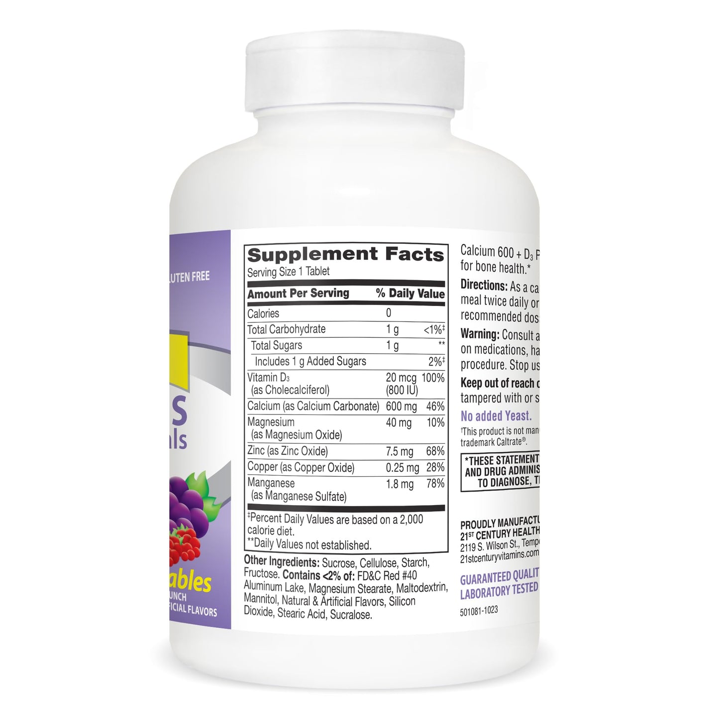 21st Century Calcium 600 mg +D Plus Minerals Chewable Tablets, 75 Count