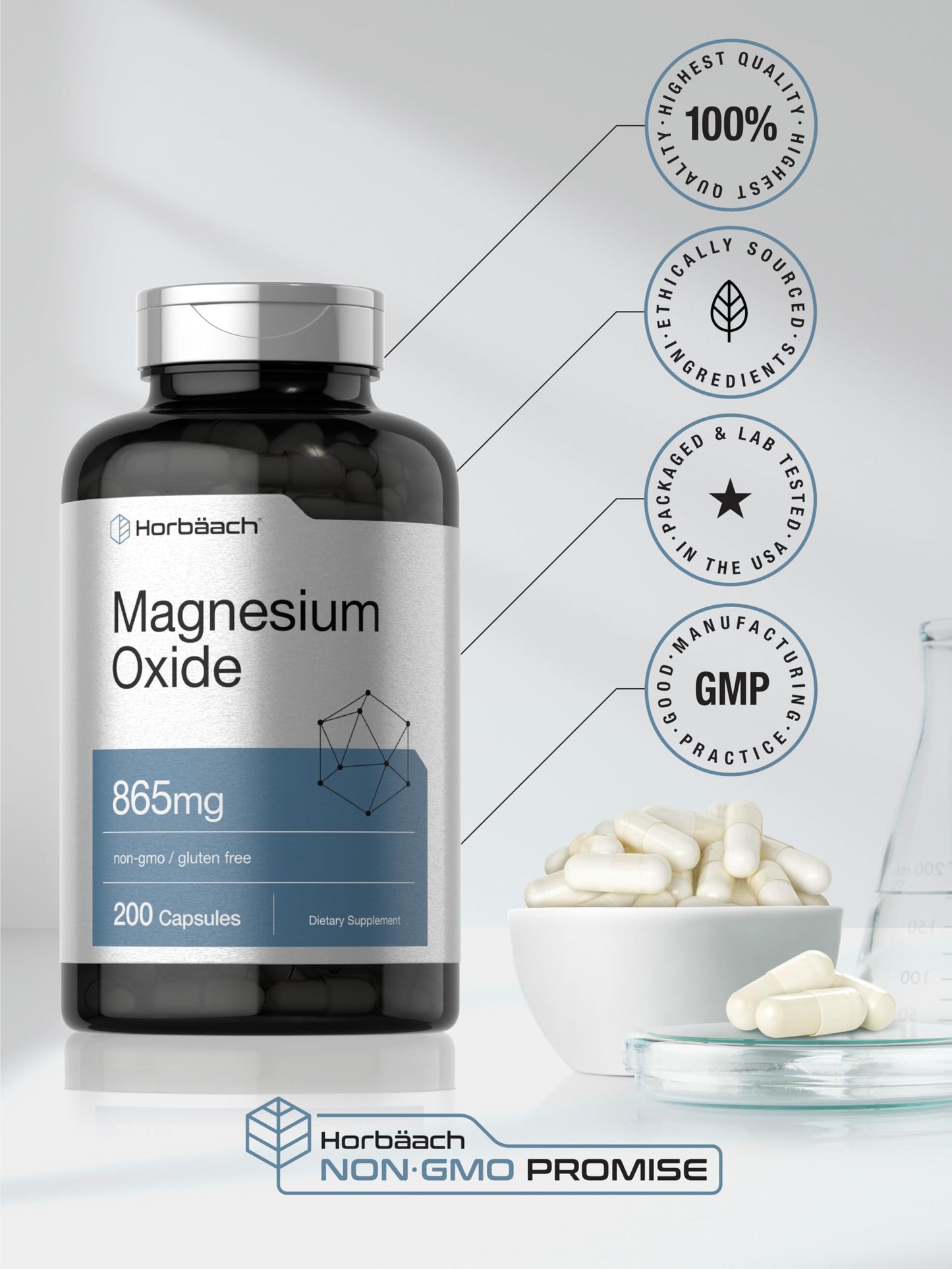 Horbäach Magnesium Oxide 865 mg Capsules, 200 Count