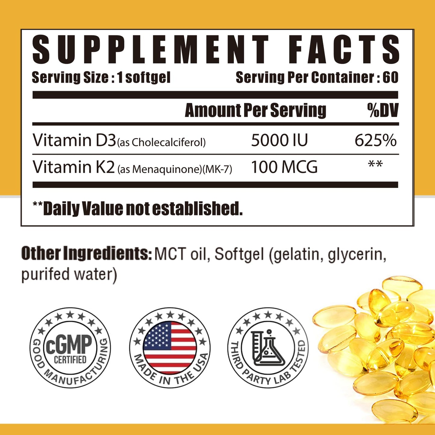 NUTRI POTENTIA Vitamin D3 K2 with MCT Oil Softgels 60 Count