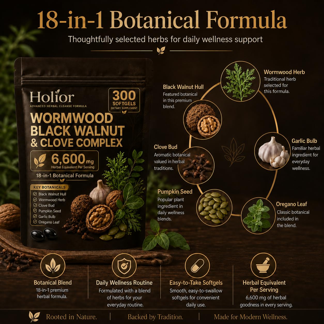 Holior Health Wormwood Black Walnut Cloves Digestive & Gut Balance Support Herbal Formula with Turmeric, Clove, Garlic, Pumpkin Seed & Oregano Softgel 300