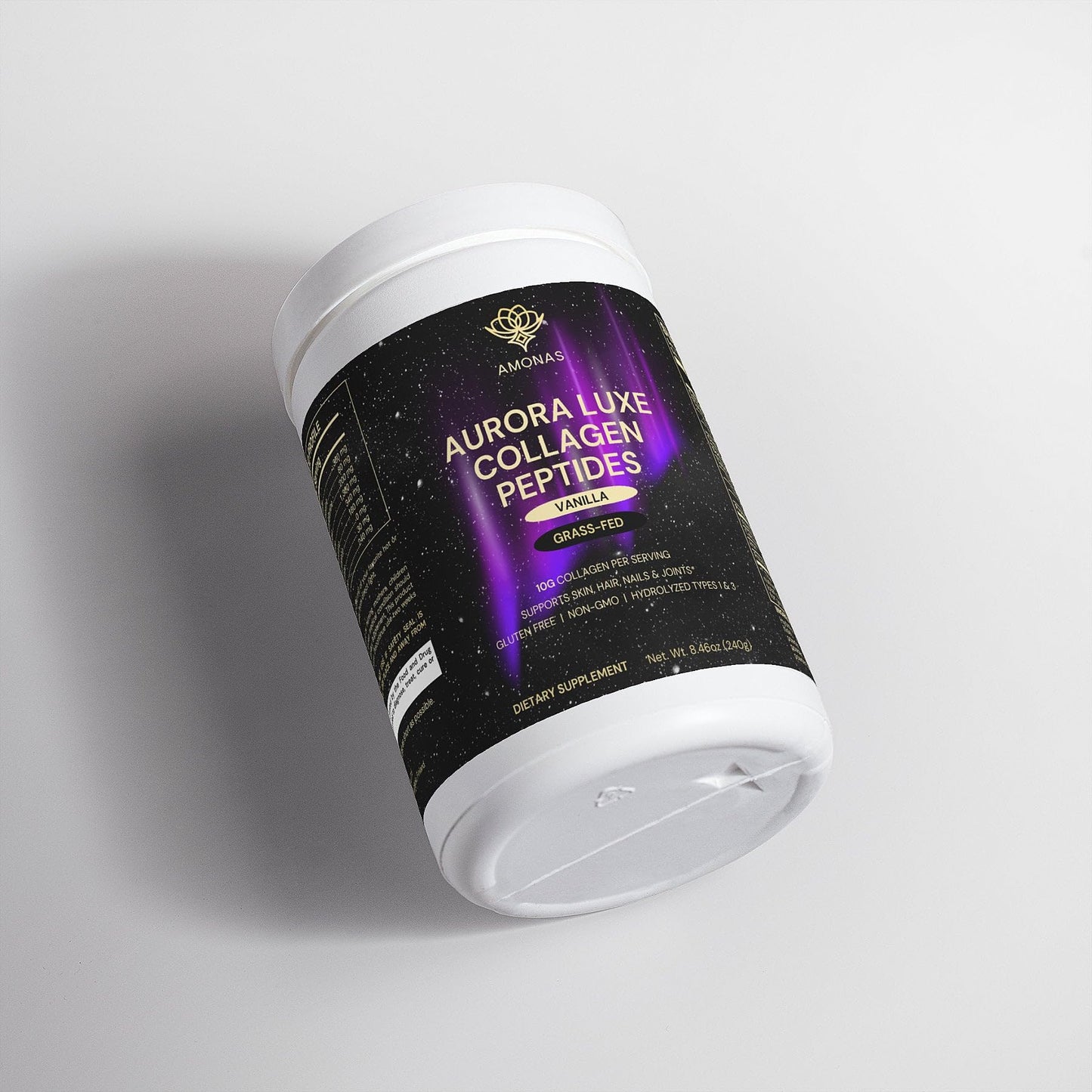 Amonas Aurora Luxe Collagen Peptides Powder Vanilla - Grass-Fed Bovine Collagen, Type I & III, Stevia-Sweetened, Non-GMO, 8.46 oz