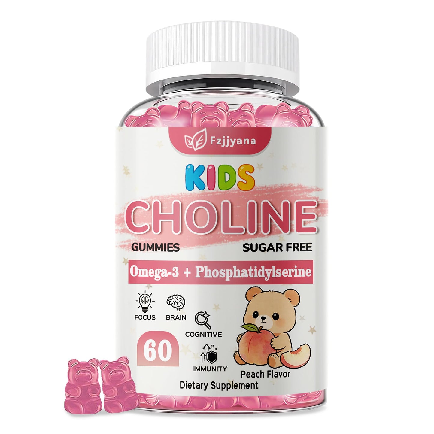 Fzjjyana Choline Gummies with Omega-3 (DHA+EPA), Phosphatidylserine for Kids & Teens 4+ with Vitamin D3, B6 & B12, Brain Health & Focus, Sugar-Free, Vegan, Peach Flavor, 60 Gummies
