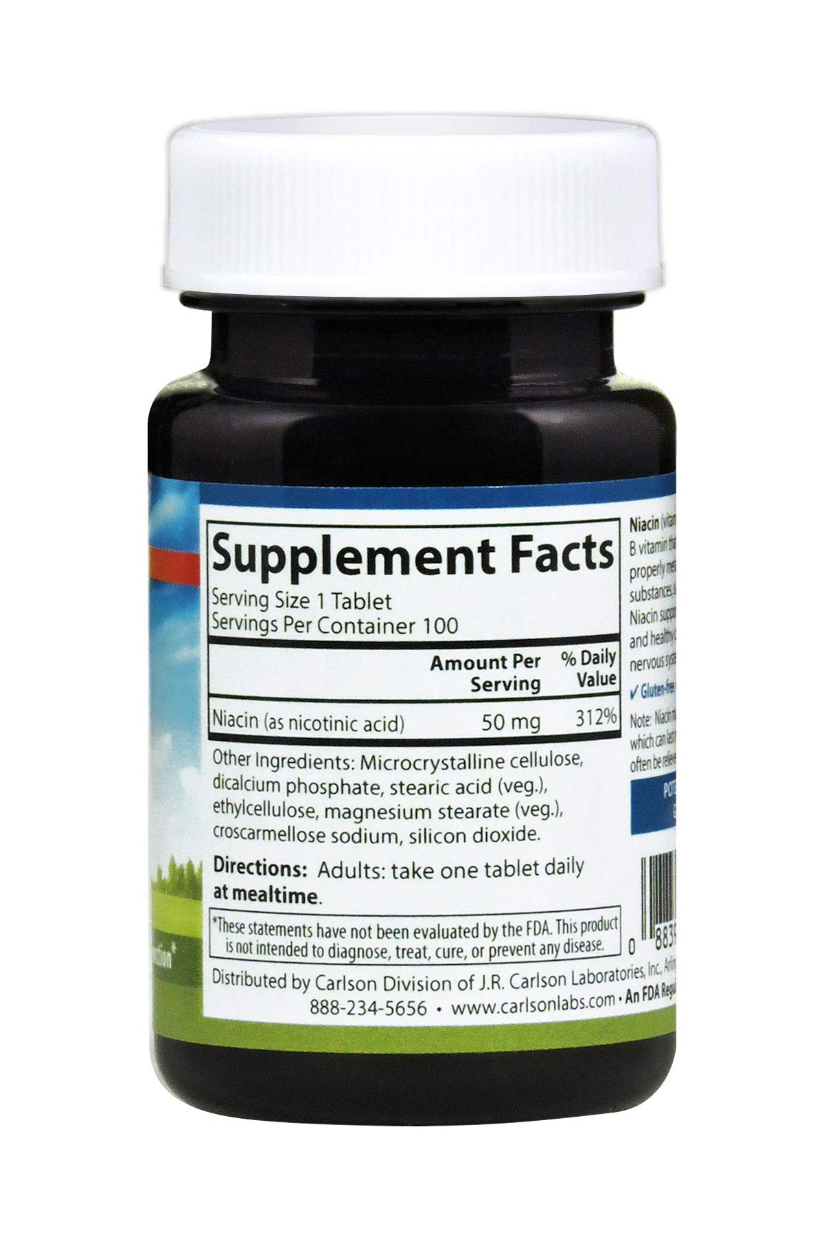 Carlson Niacin 50 mg Tablets, Supports Cholesterol Metabolism, Energy Production, Heart Health, Nerve Function, 100 Tablets