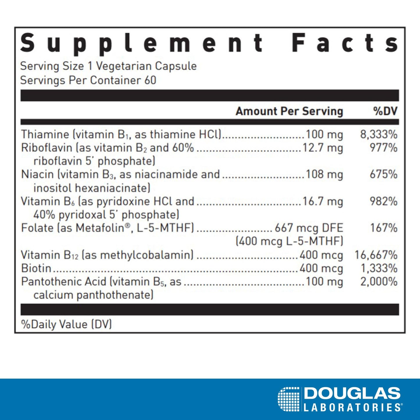 Douglas Laboratories B-Complex with Metafolin Comprehensive B Vitamin Supplement for Energy & Brain Health Support, with Folate, Biotin & Thiamin, Non-GMO, 60 Capsules