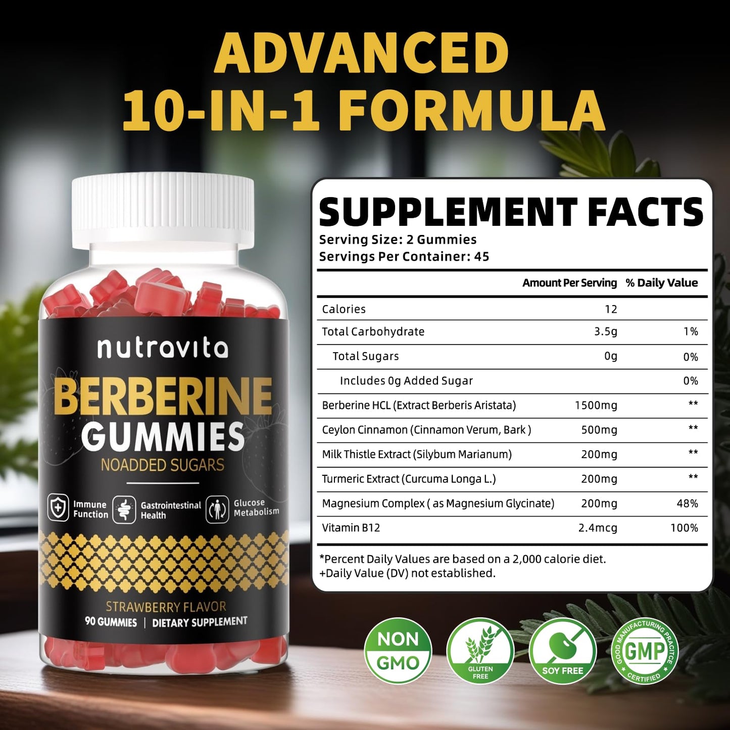 Nutravita Berberine Gummies with Ceylon Cinnamon 1500mg High Potency Berberine HCL for Immune and Metabolism Support, Sugar Free Organic, Strawberry Flavor, 180 Gummies