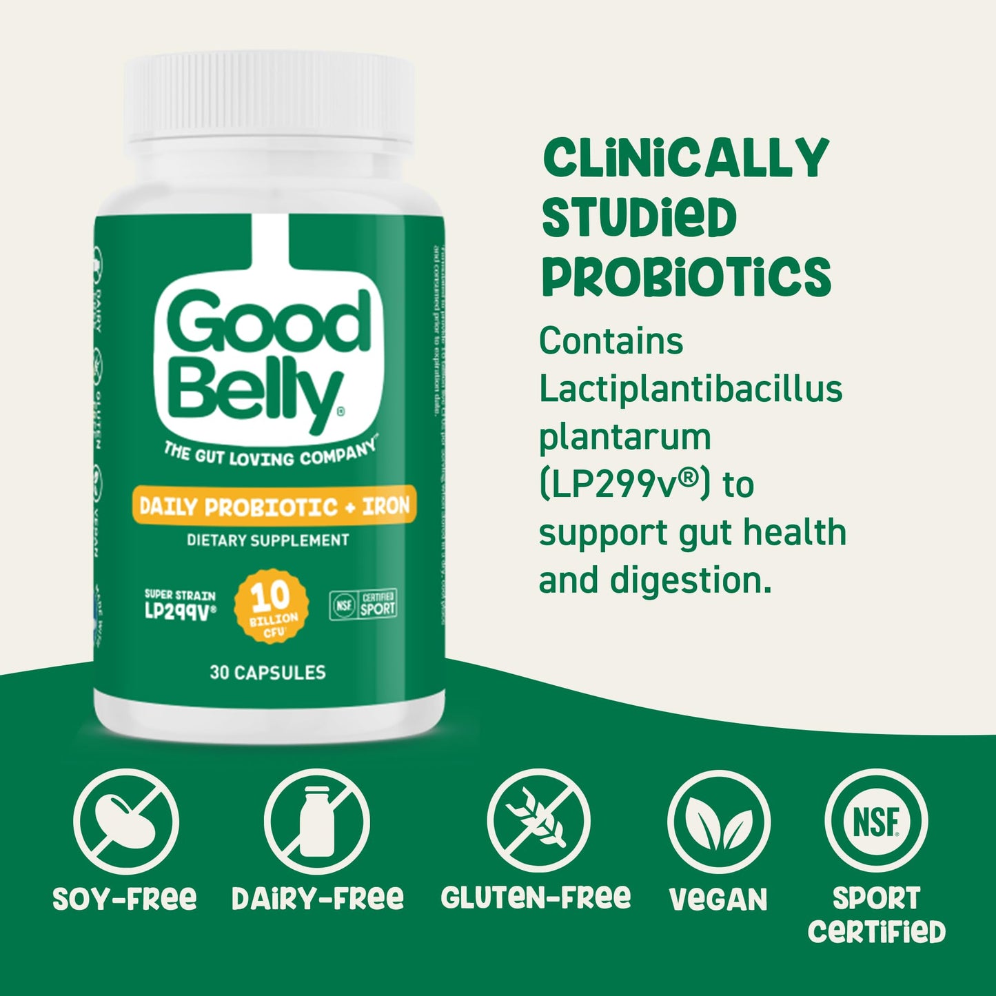 GoodBelly Probiotic Capsules for Digestive Health & Iron Absorption, 30 Capsules