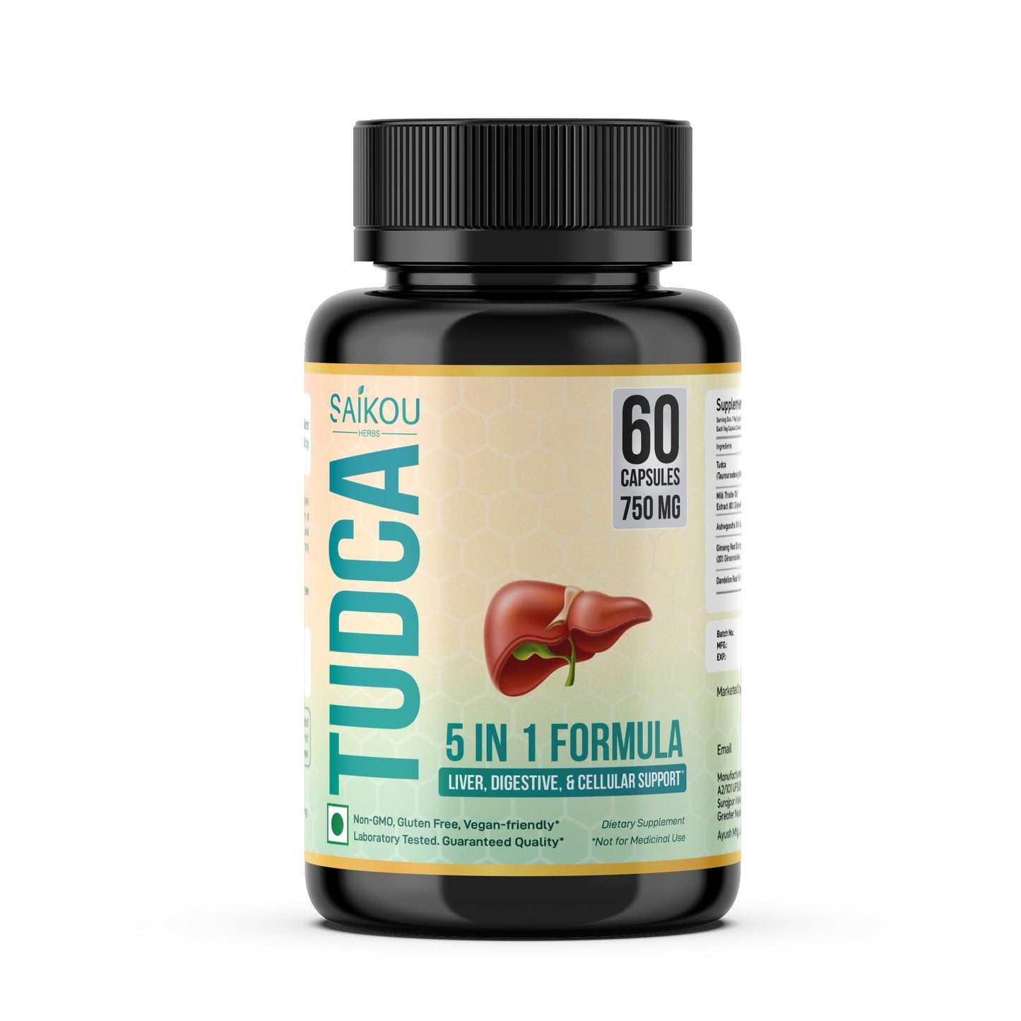 SAIKOU HERBS TUDCA (Tauroursodeoxycholic Acid) 750mg - 5 in 1 with Milk Thistle, Ashwagandha, Dandelion and Ginseng Capsule 60 Count