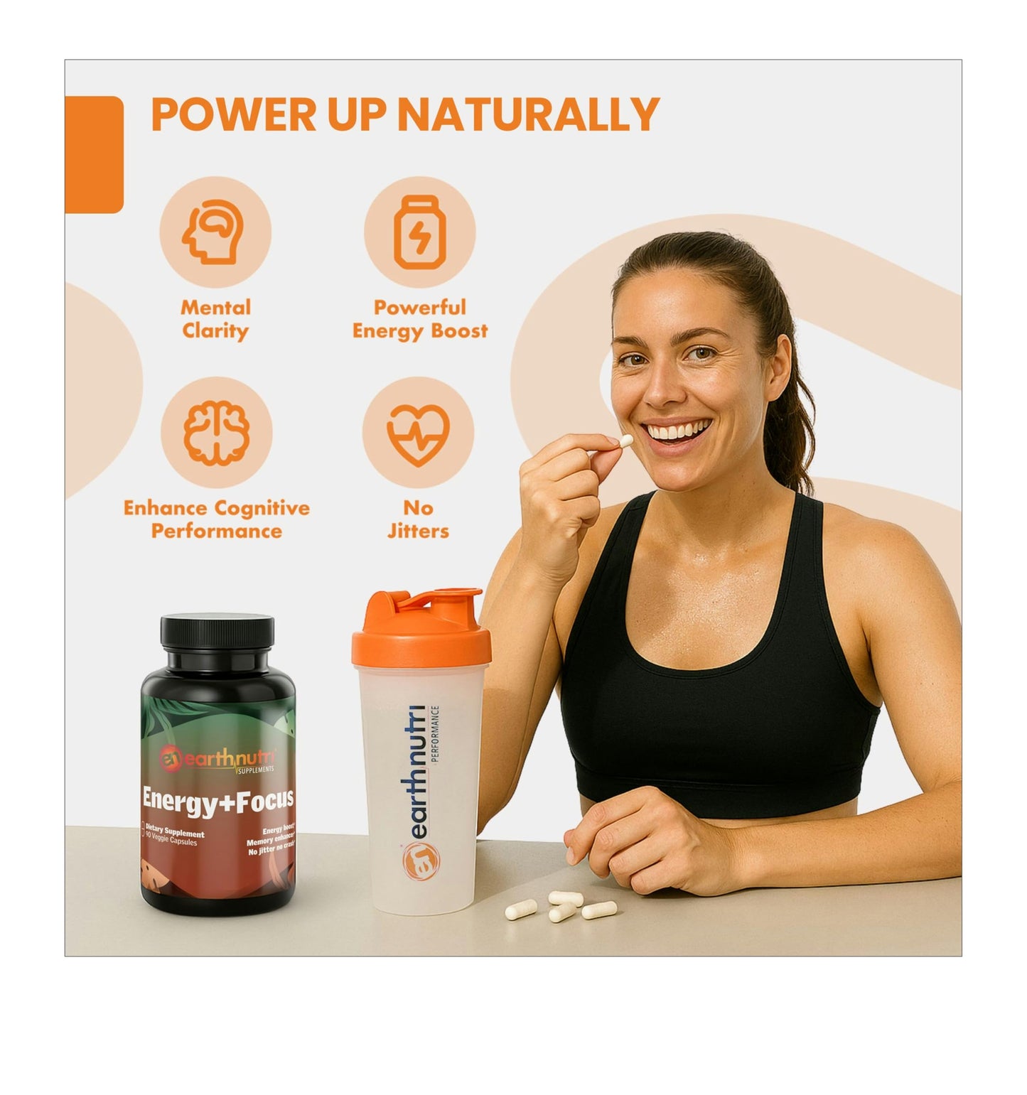 EarthNutri Energy + Focus Supplement - Energy Boost & Brain Focus and Memory with PeakO2, AlphaSize, Cognizin, PurCaf, Theacrine, Acetyl L-Carnitine and L-Tyrosine, 90 Capsules