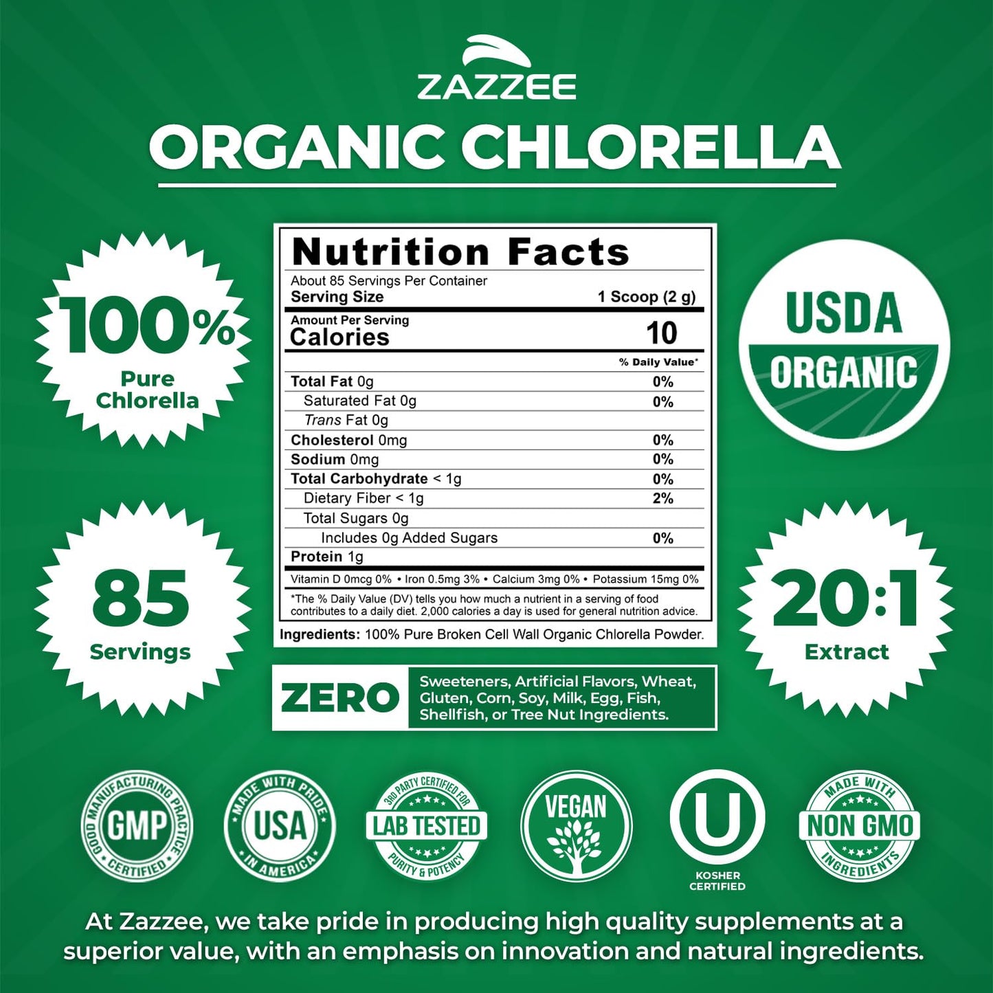 Zazzee USDA Organic Chlorella Powder, Broken Cell Wall, 6 oz