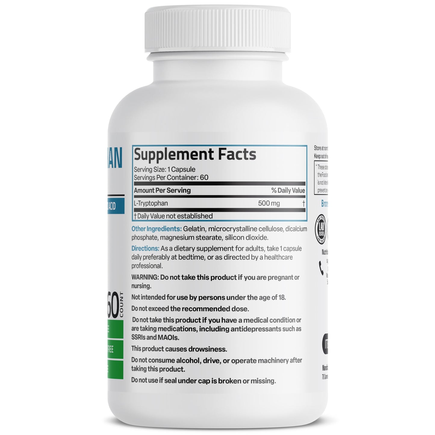 Bronson L-Tryptophan 500 mg High Potency Essential Amino Acid Supports Relaxation & Positive Mood Support Non-GMO, 60 Capsules
