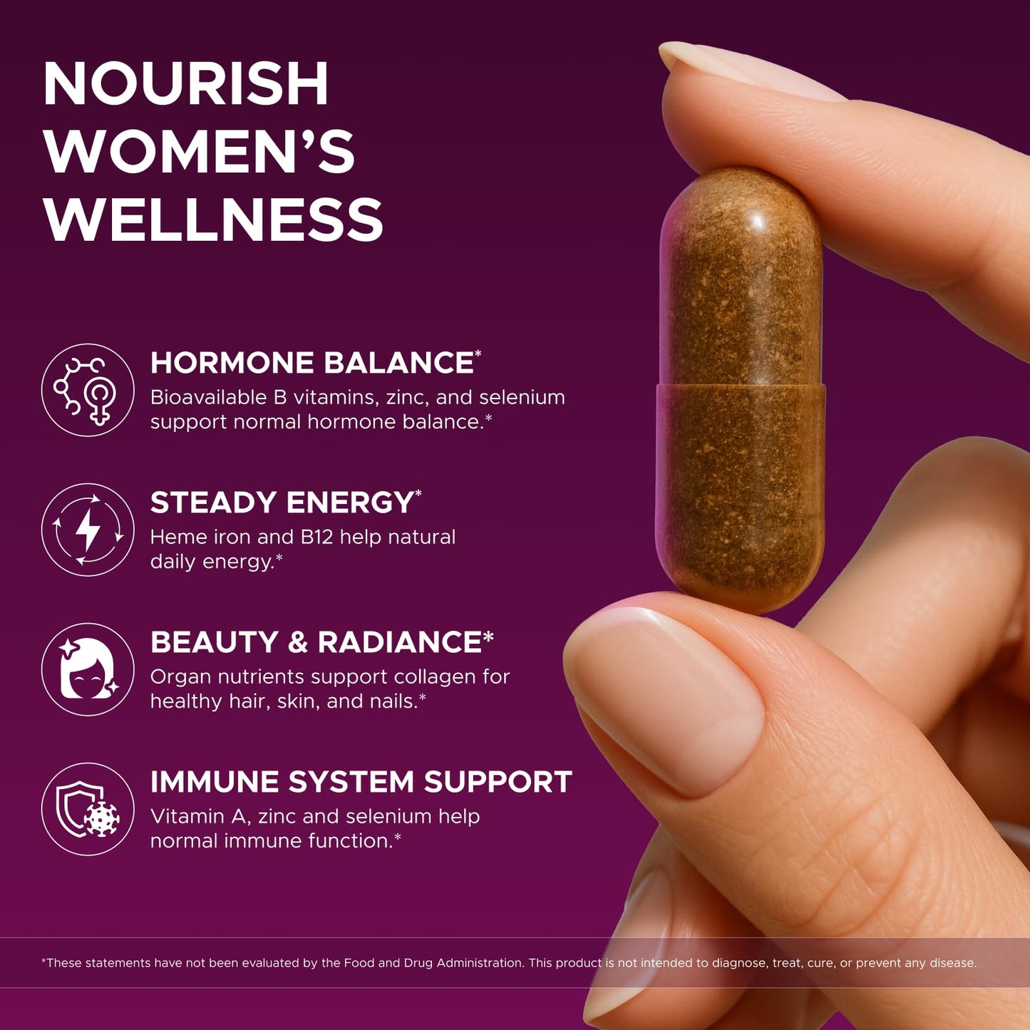 Wellanova Primal Beef Organ Supplement for Women, Grass-Fed Ancestral Superfood Capsule, 60 Capsules