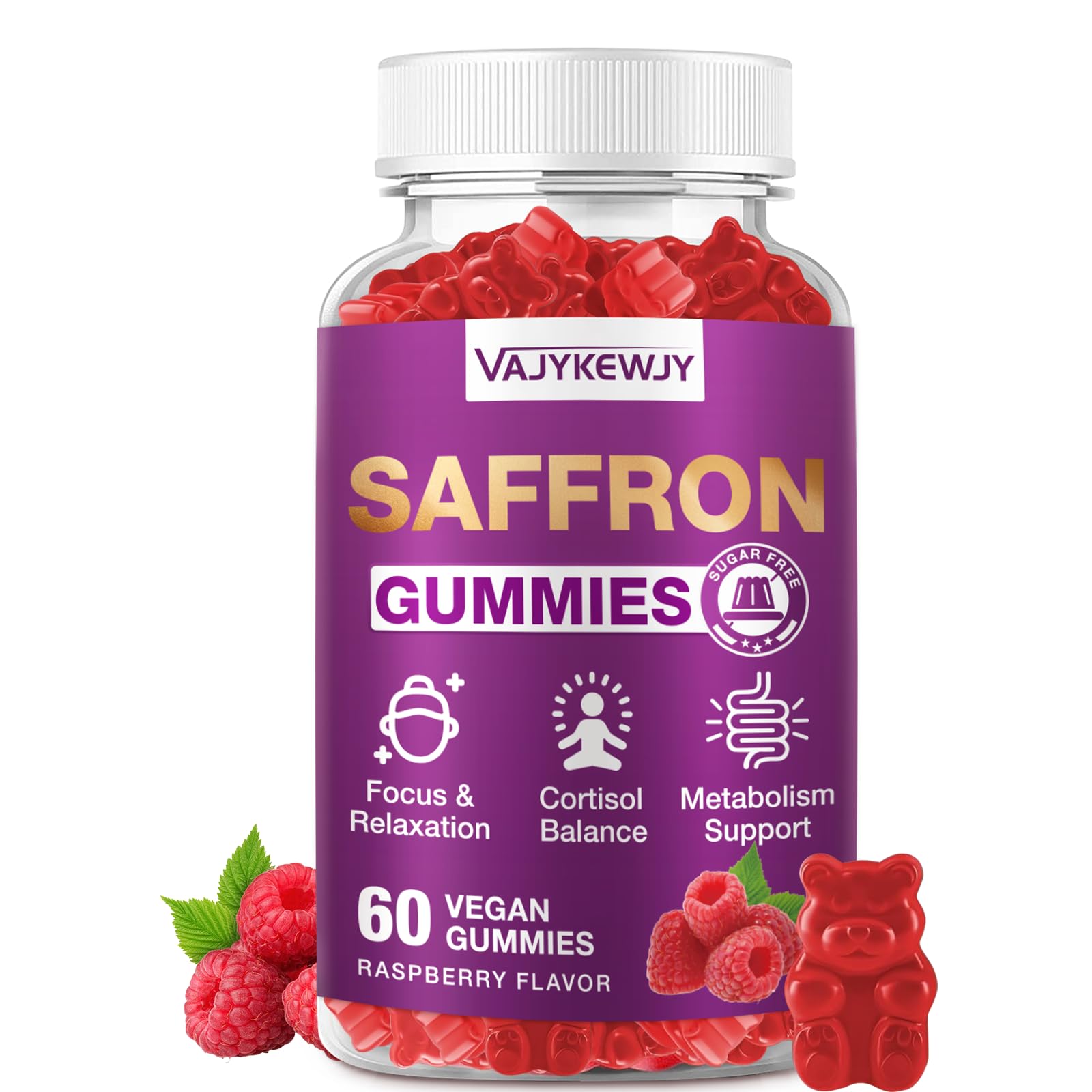 VAJYKEWJY Saffron Gummies (88.5 mg) with Magnesium — Enhanced with St. John’s Wort, Rhodiola, Ashwagandha & Vitamins B6, B12, D3 for Mood & Focus Support, 60 Gummies