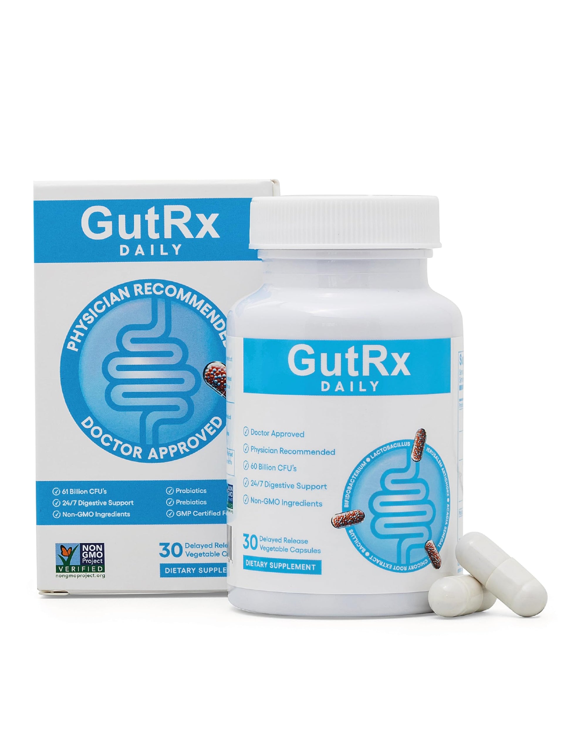 GutRx Daily Probiotics for Women & Men with Bifidobacterium Longum & Prebiotics for Gut Health, Gluten Free Probiotics for Digestive Health – 61 Billion CFU, 30 Enteric Coated Capsules