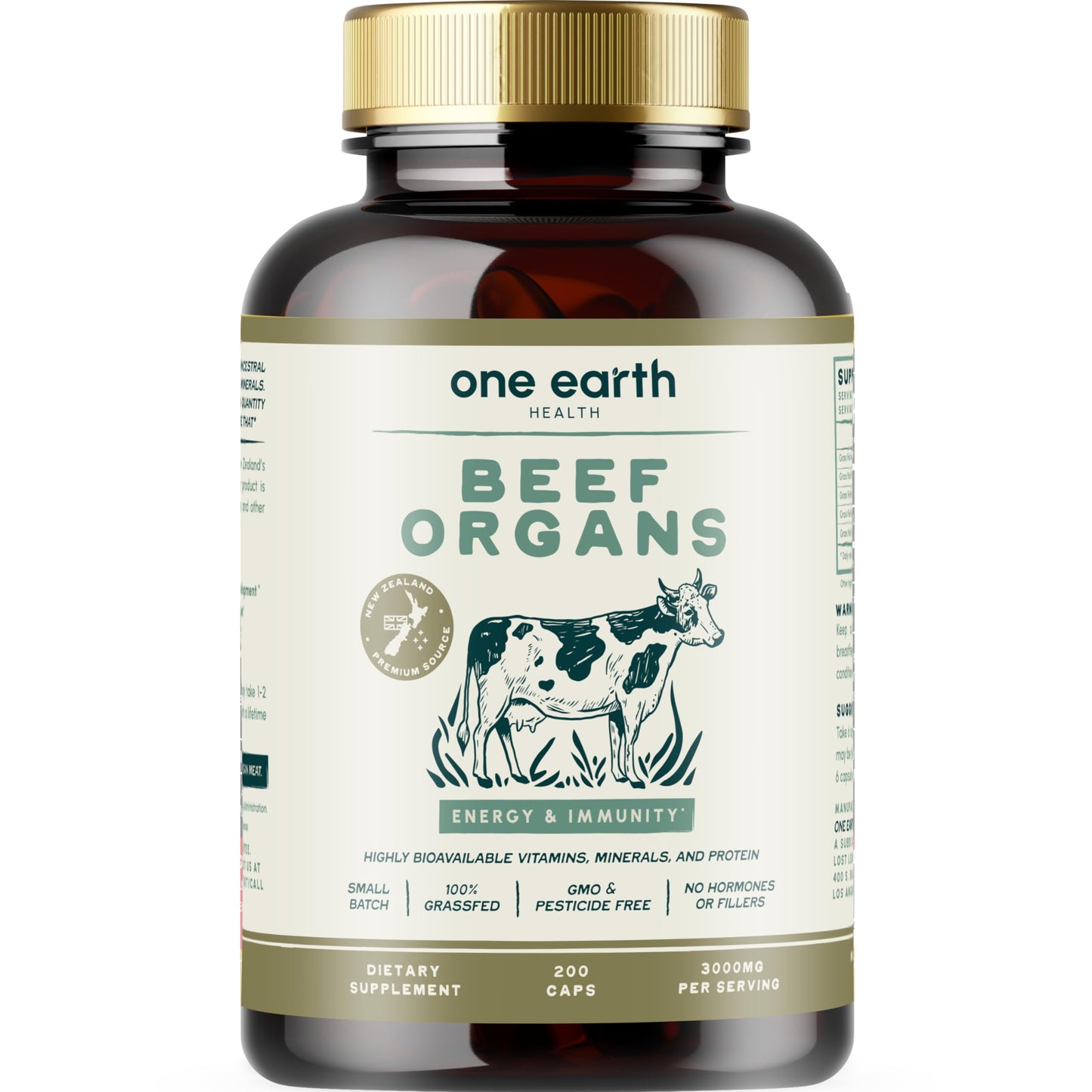 One Earth Health New Zealand 100% Grass-Fed Beef Organs Organ Meat Complex Capsules, 200 Count